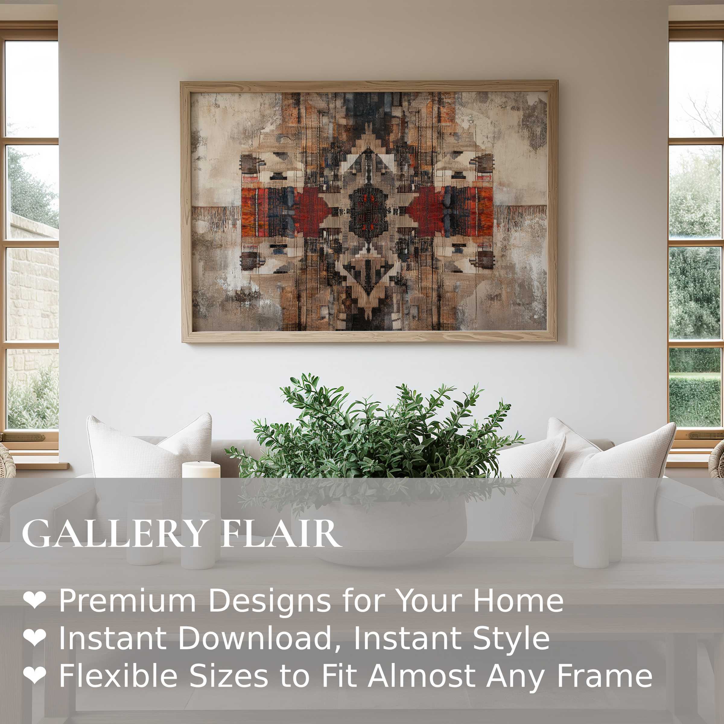 Boho wall art print with warm earth tones and geometric patterns, enhancing a modern, cozy living room ambiance