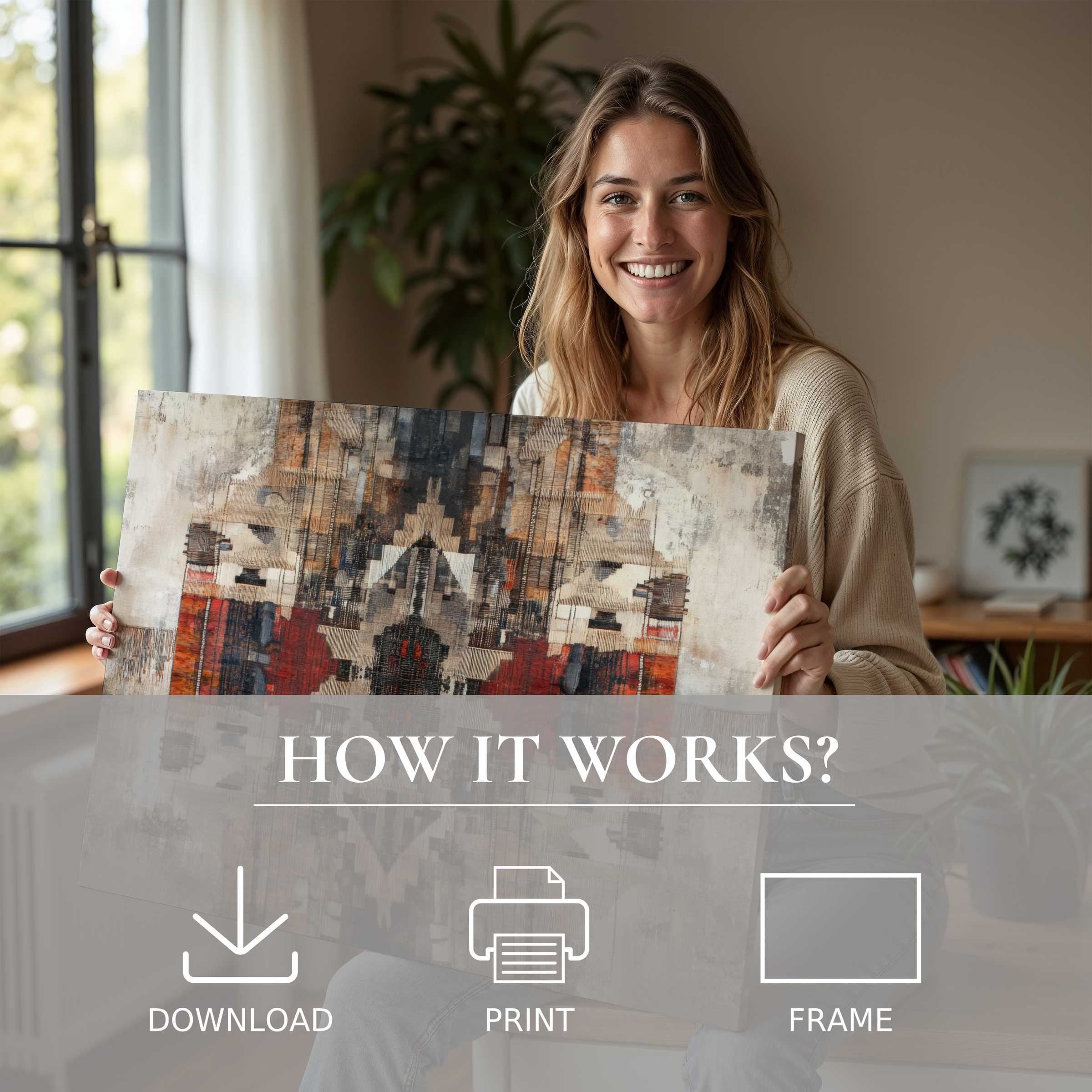 Radiant woman embraces a boho digital art print in a sunlit, stylish home, celebrating the seamless joy of living with art