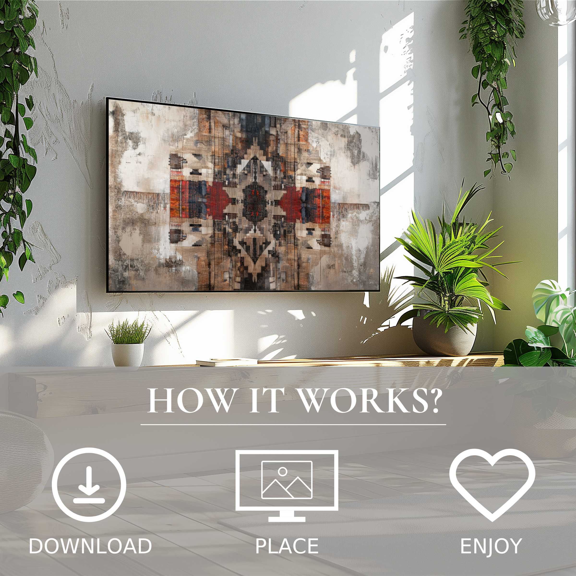 Boho art for Samsung TV features abstract earthy tones with geometric flow, easy digital download enhances modern living spaces