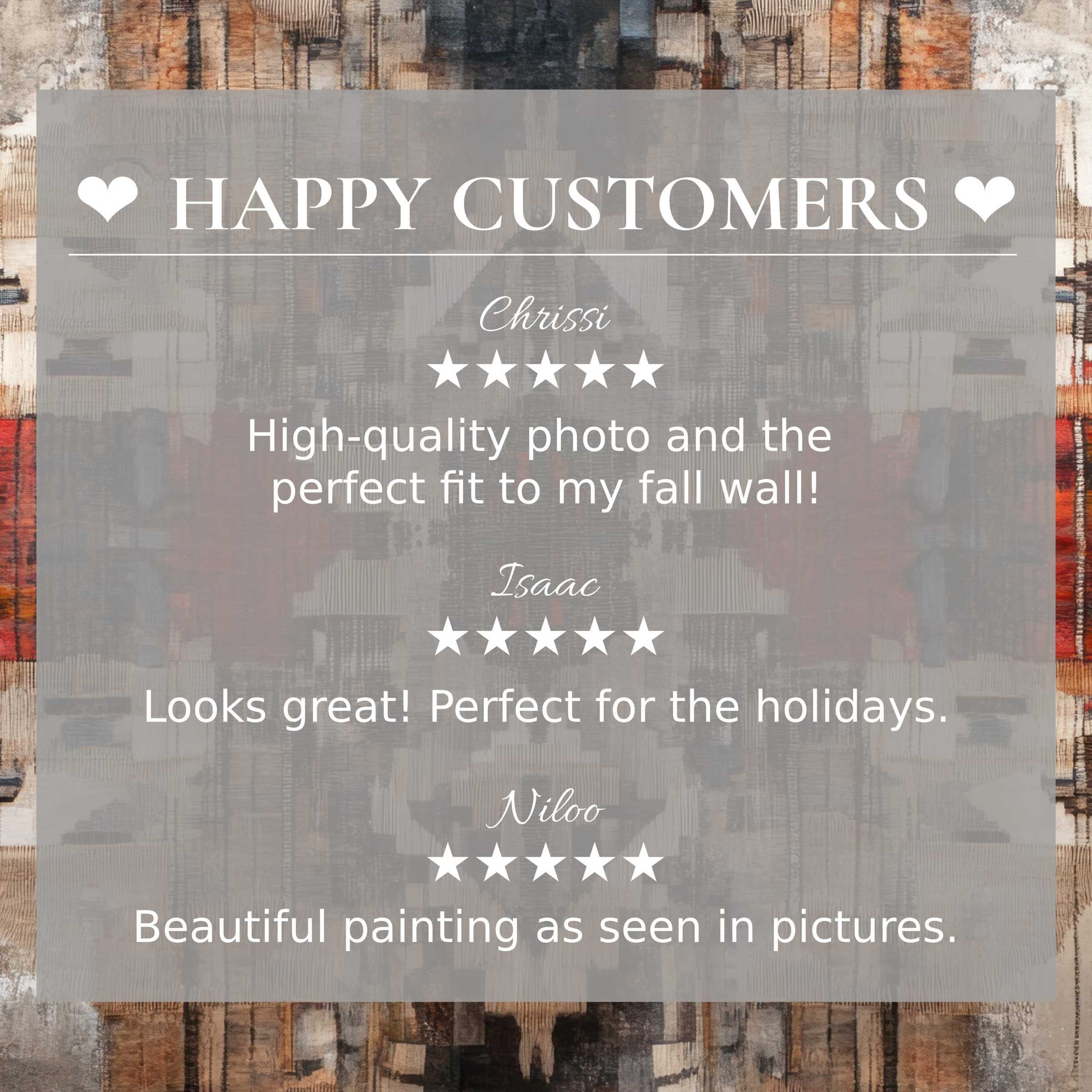 Happy customer reviews highlight elegant boho art for Frame TV with abstract sunset tones, building trust and style appeal