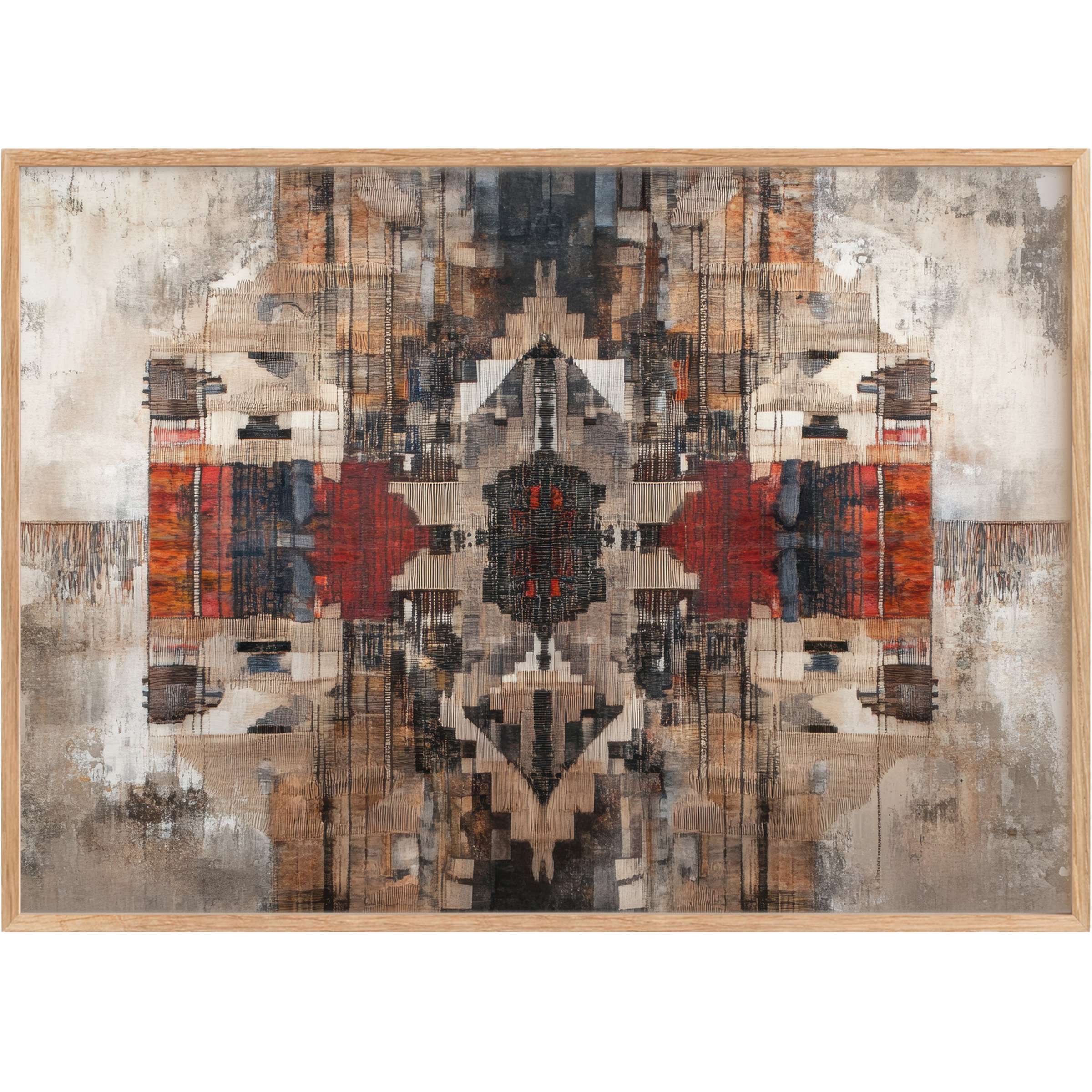 Boho printable wall art with earthy reds, deep blues, and soft neutrals, evoking a warm, intricate, and inviting ambiance