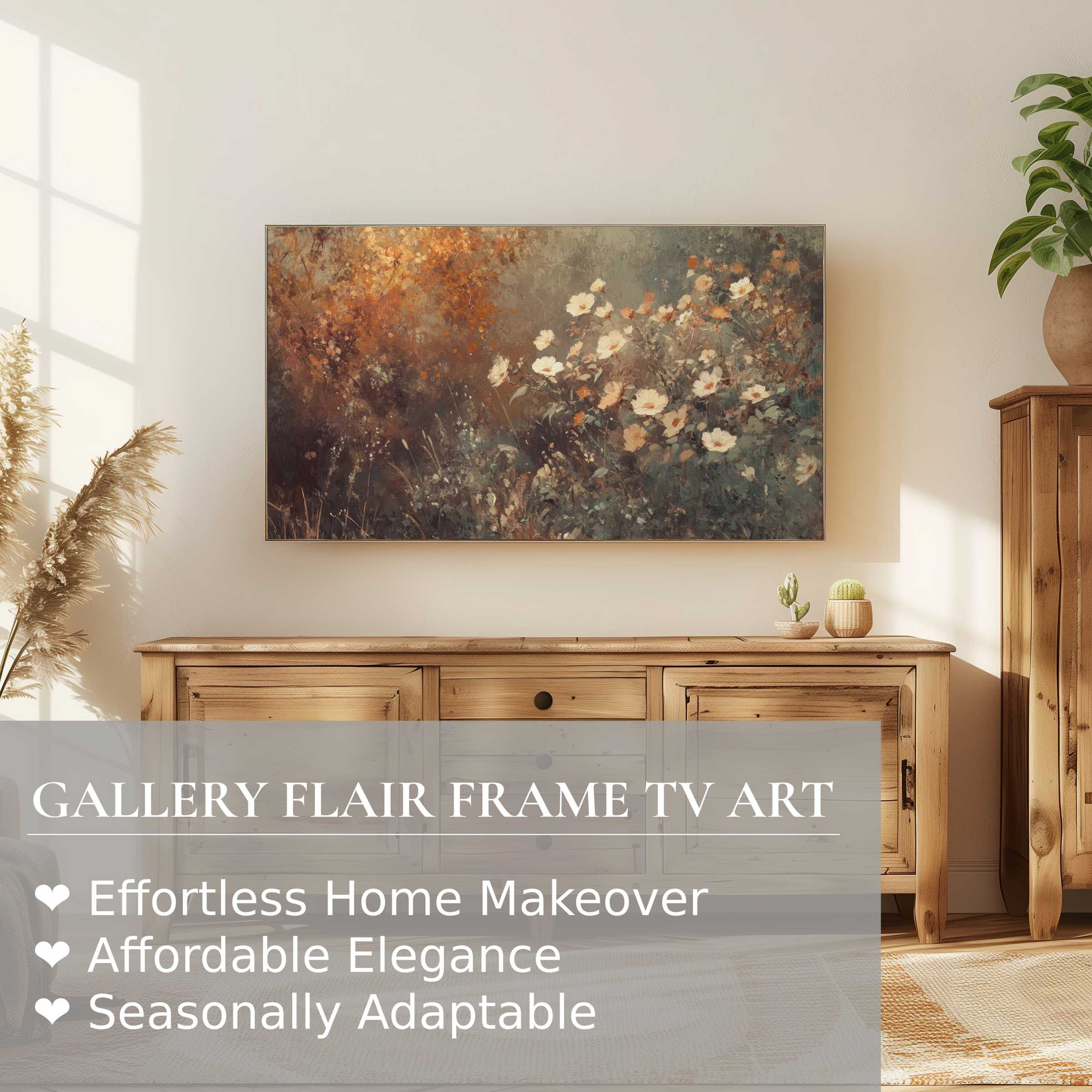 Elegant fall digital artwork showcased on Samsung Frame TV in a warm, natural wood setting for refined home decor