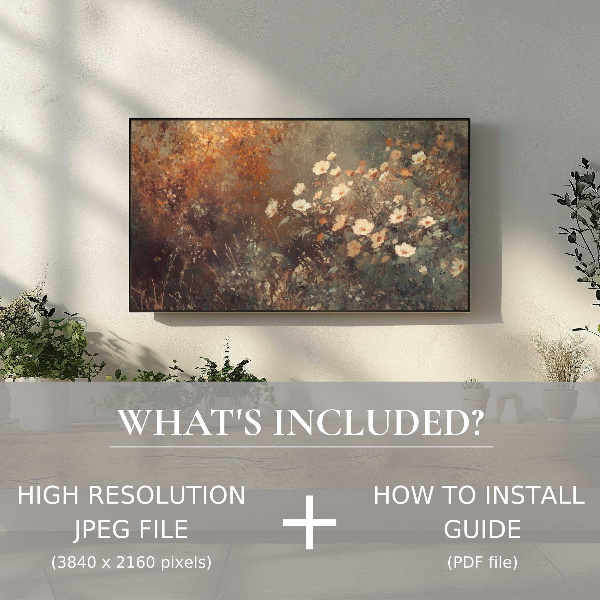 Elegant fall digital TV art download with easy use, enhancing modern living spaces with warm, floral autumn tones