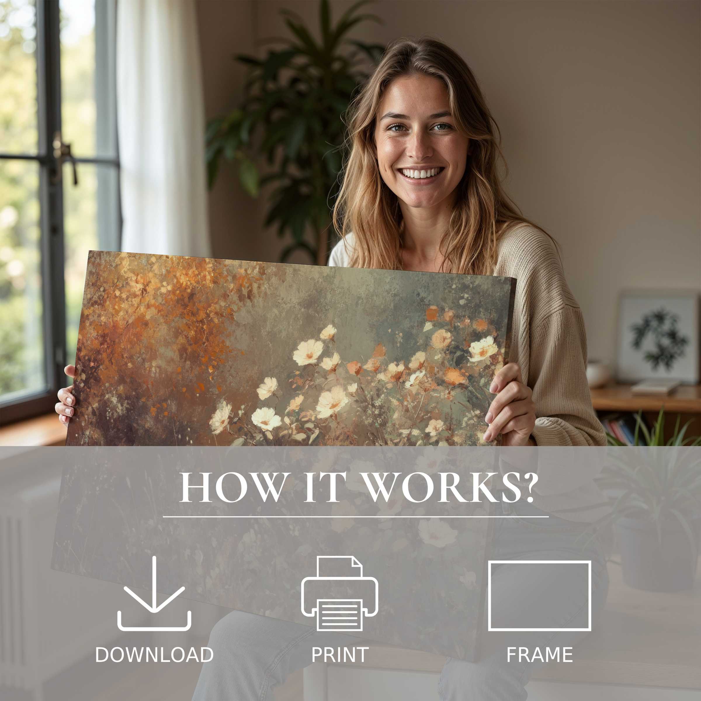 A radiant moment with a fall digital art print evokes warmth and joy, bringing serene, timeless beauty into a stylish, modern home