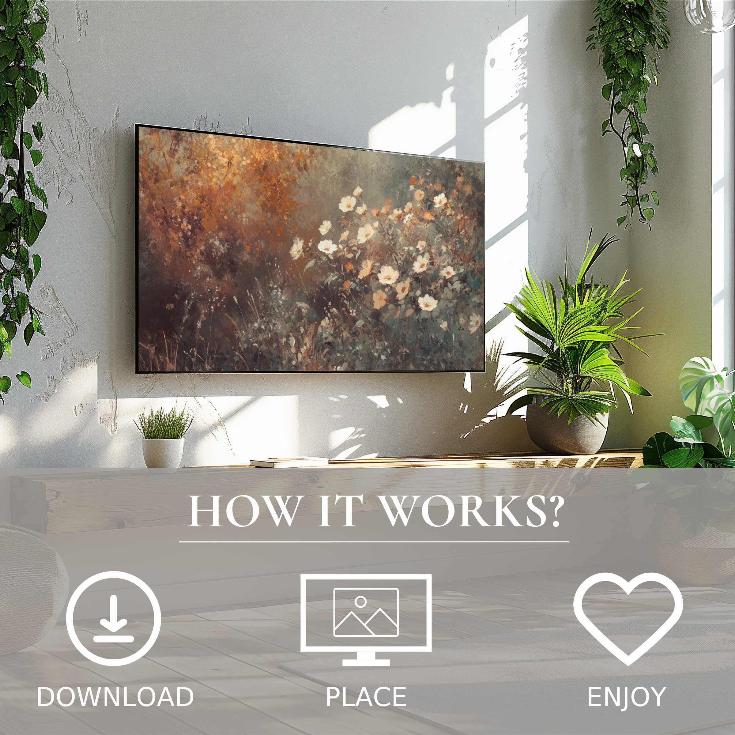 Fall art for Samsung TV shows soft sunset tones with delicate florals, easy digital download enriches modern living spaces