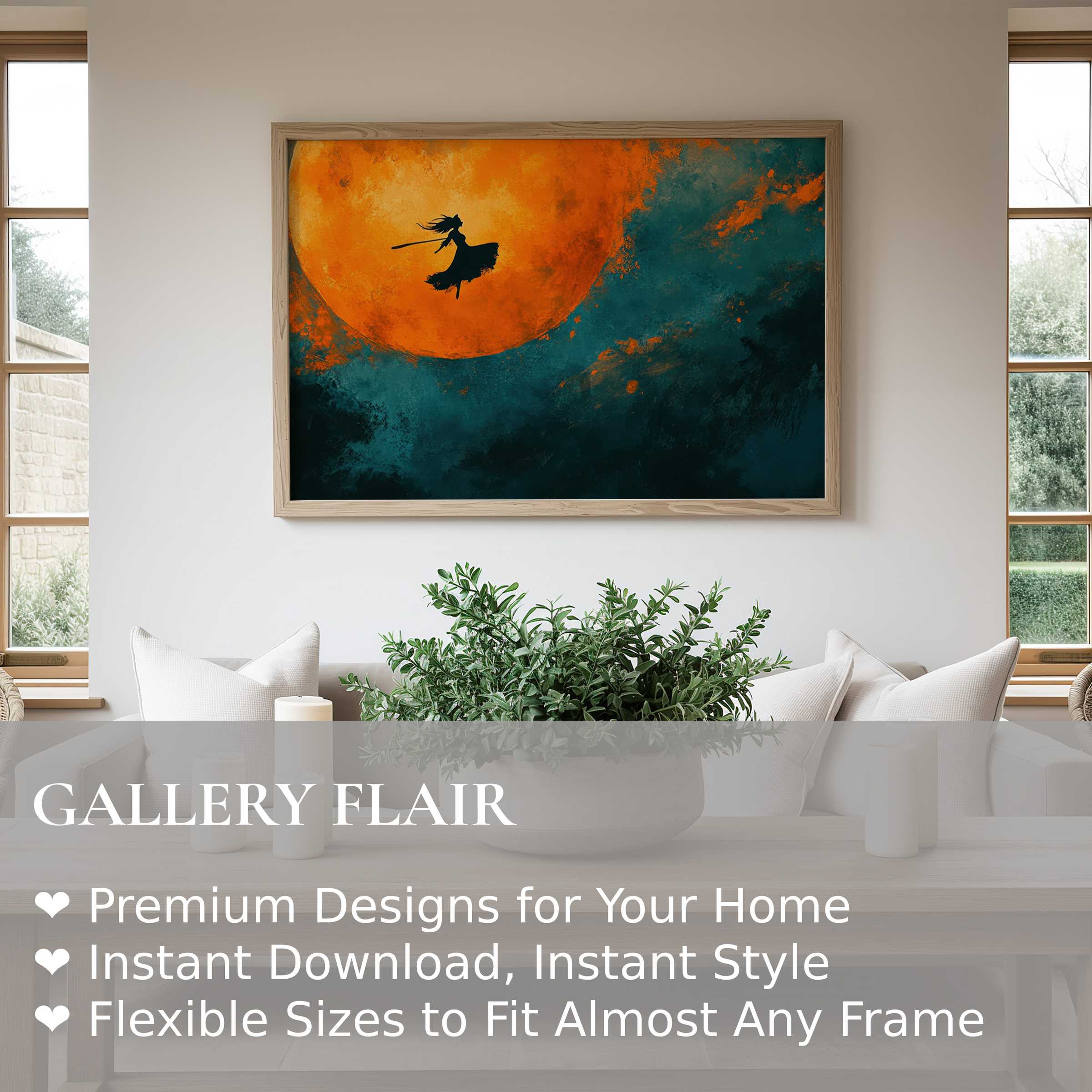 Halloween wall art print featuring a bold witch silhouette against a radiant orange moon, elevating modern minimalist interiors with mystical charm