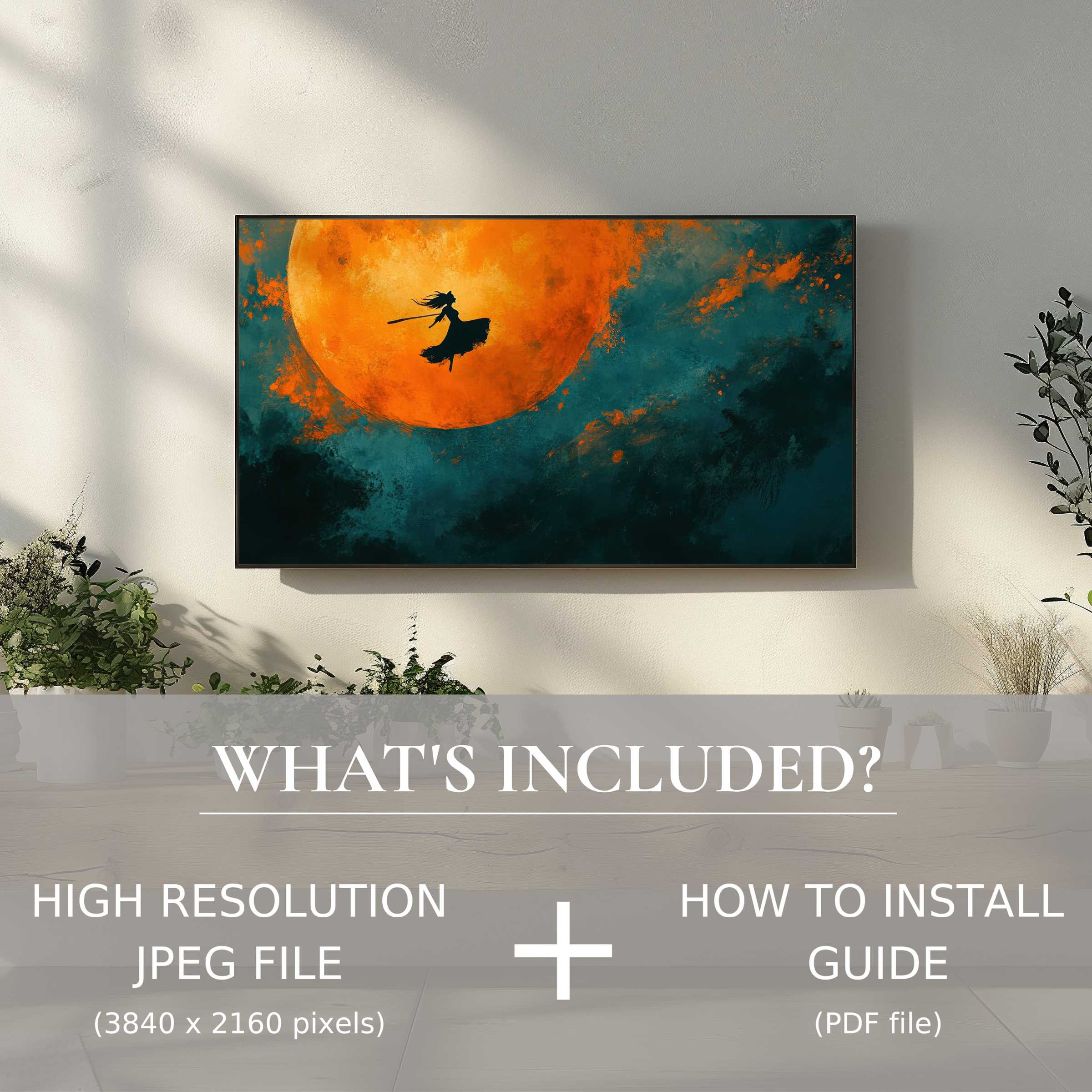 Elegant Halloween digital TV art download features a witch silhouette, easy use enhances modern living spaces