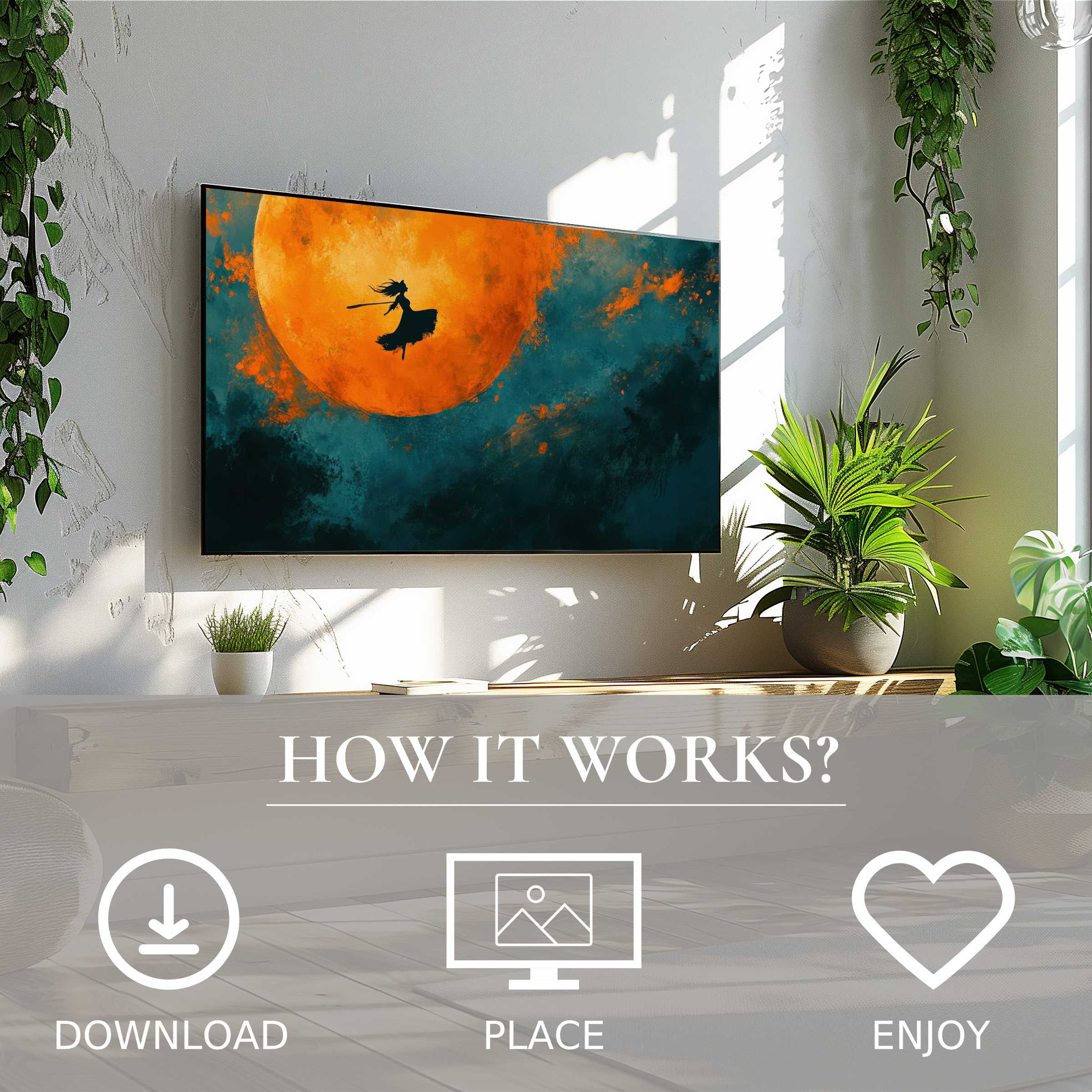 Modern living room shows halloween art for Samsung TV with warm moon glow and witch silhouette; easy digital download