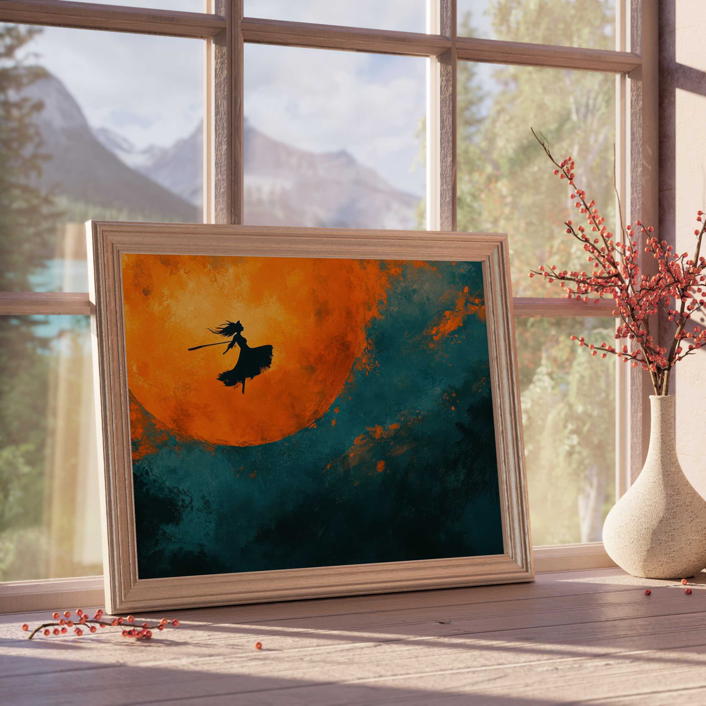 Enchanting Halloween downloadable art featuring a silhouette witch against a glowing pumpkin moon, perfect for curated, serene interiors