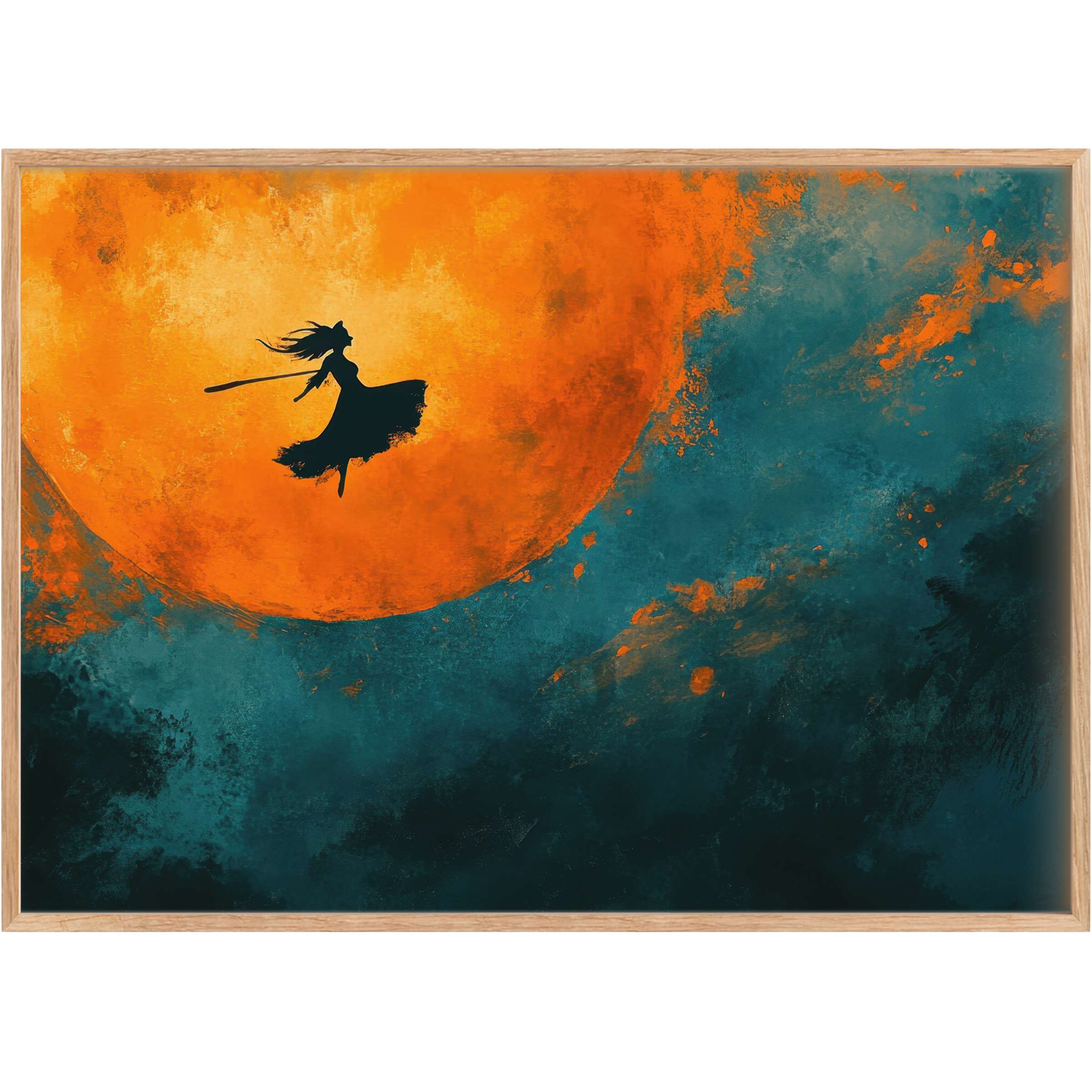 Halloween printable wall art with a bold silhouette of a witch against a glowing burnt orange moon, evoking mysterious elegance