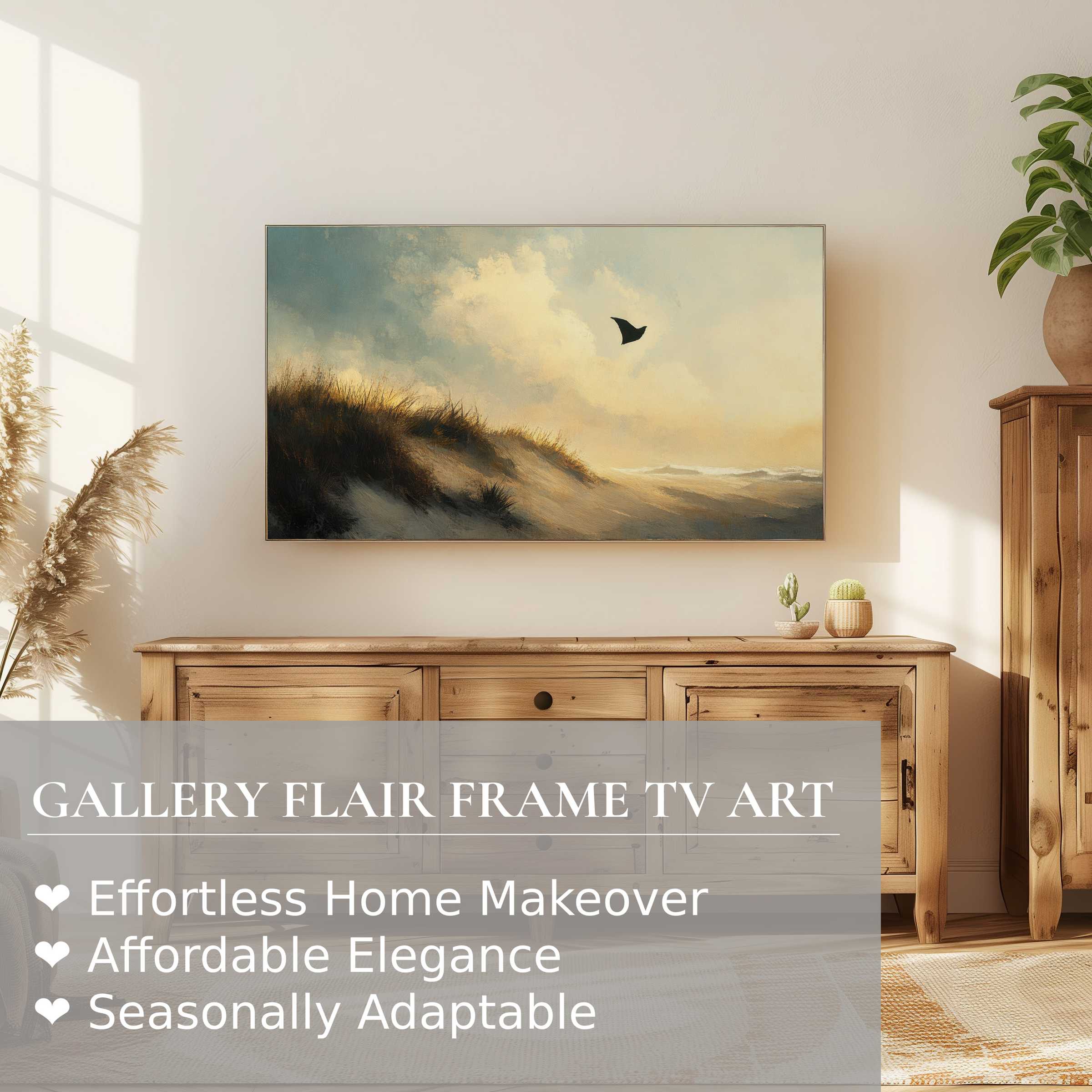 Elegant Samsung Frame TV displays serene beach digital artwork in a modern, warm-toned living space with natural accents