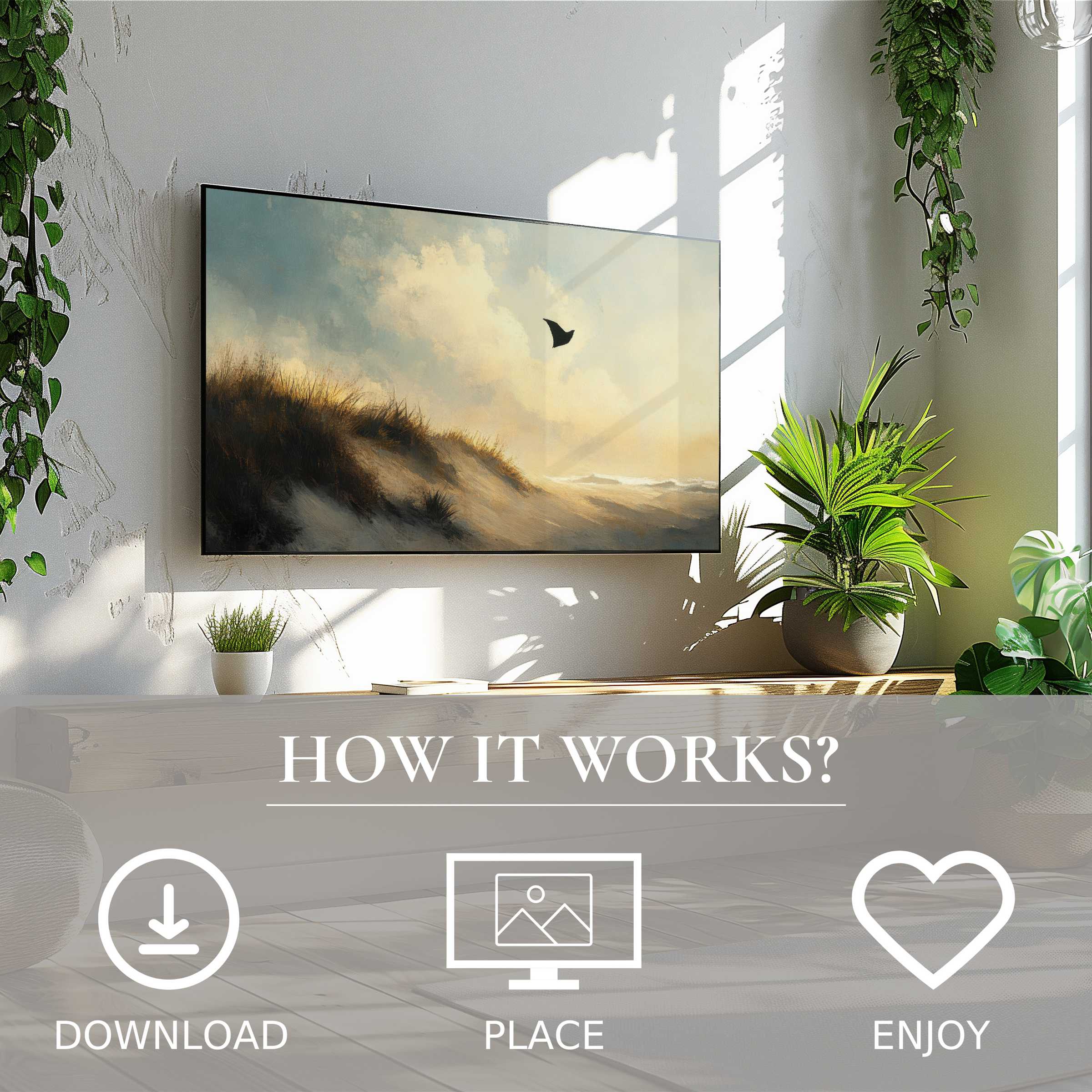 Modern living space with easy digital download; beach art for Samsung TV shows soft sunset tones enhancing calm vibes