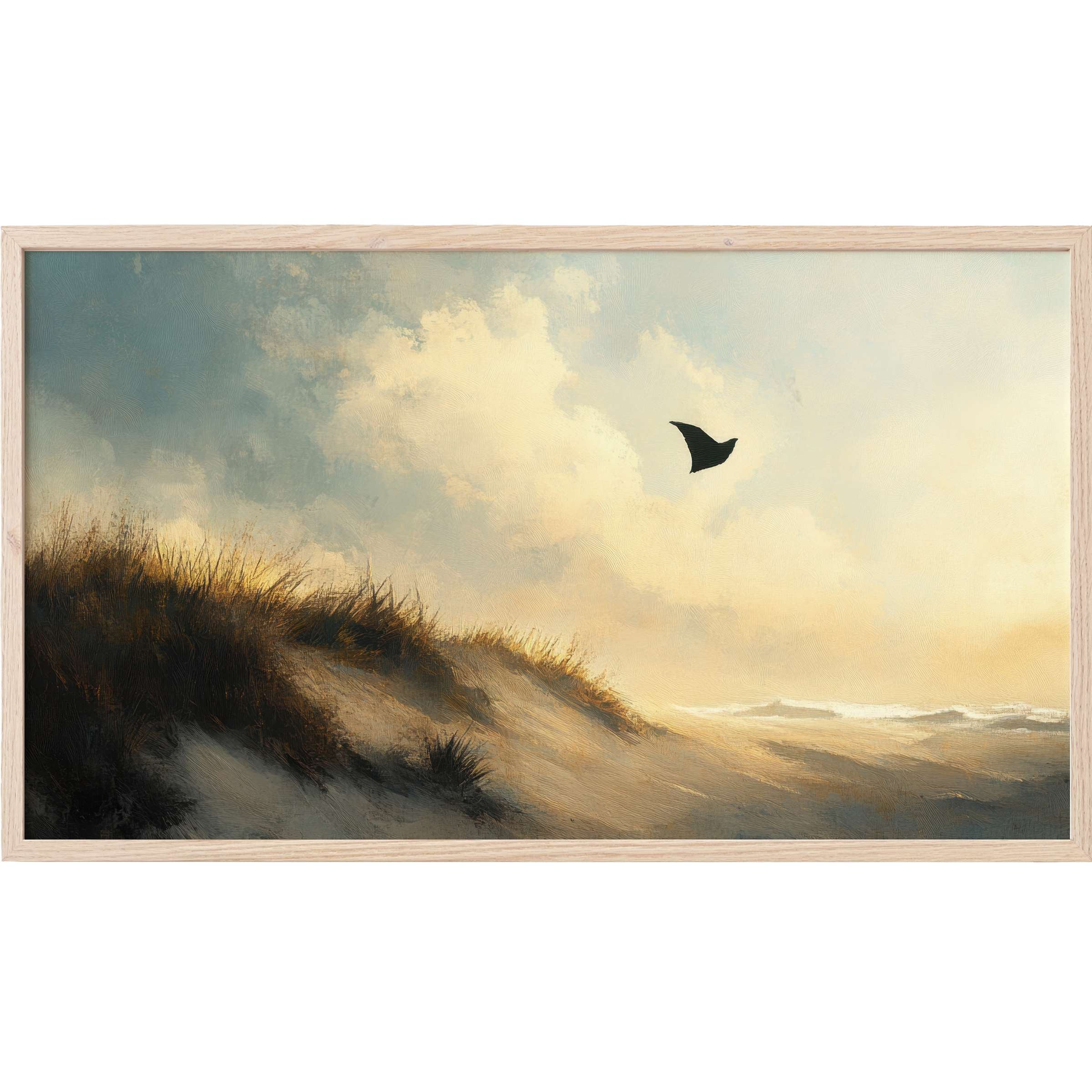 Serene beach dunes at golden hour with soft clouds and a lone bird, perfect beach Frame TV Art