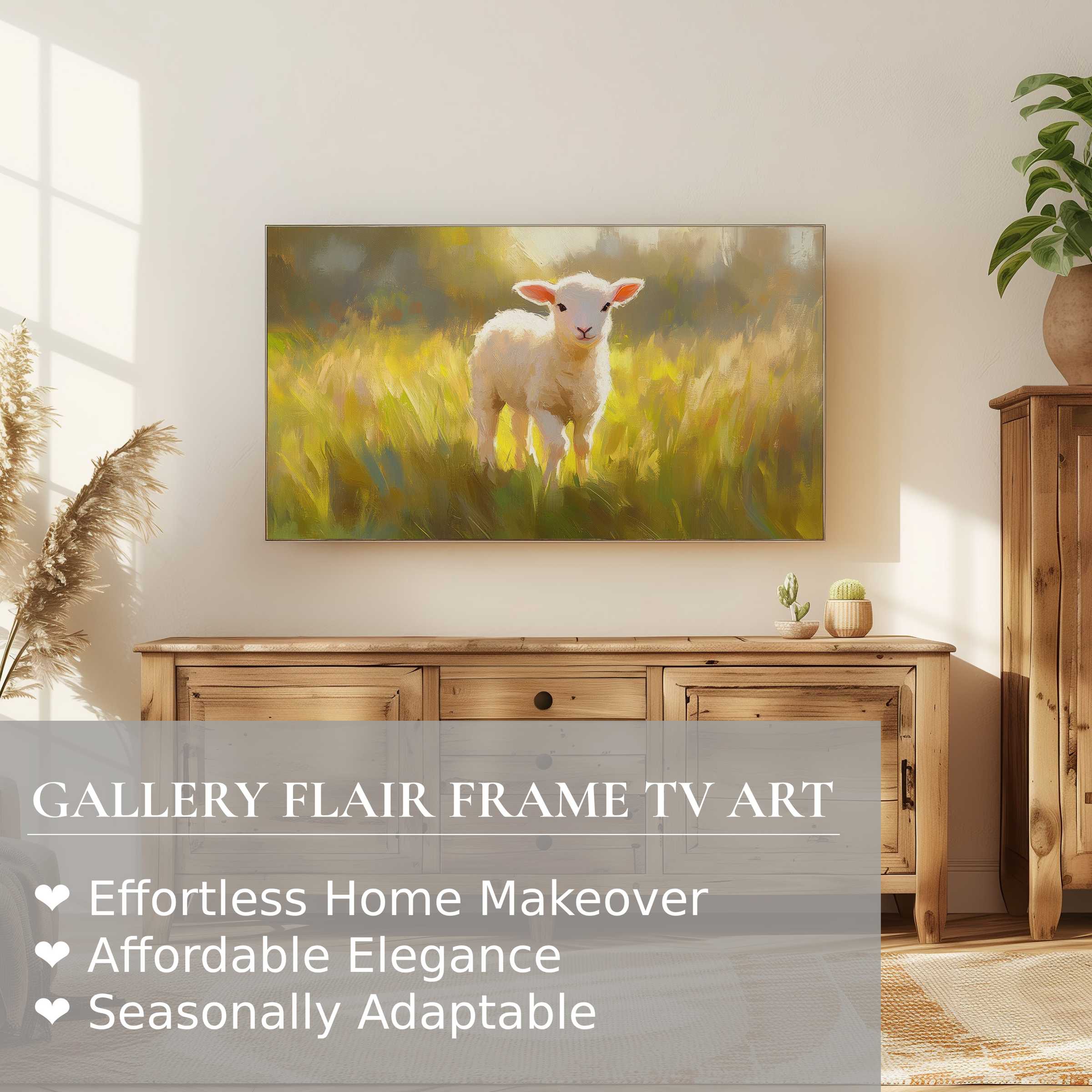 Samsung Frame TV displaying elegant easter digital artwork of a lamb in soft, sunlit pastoral setting