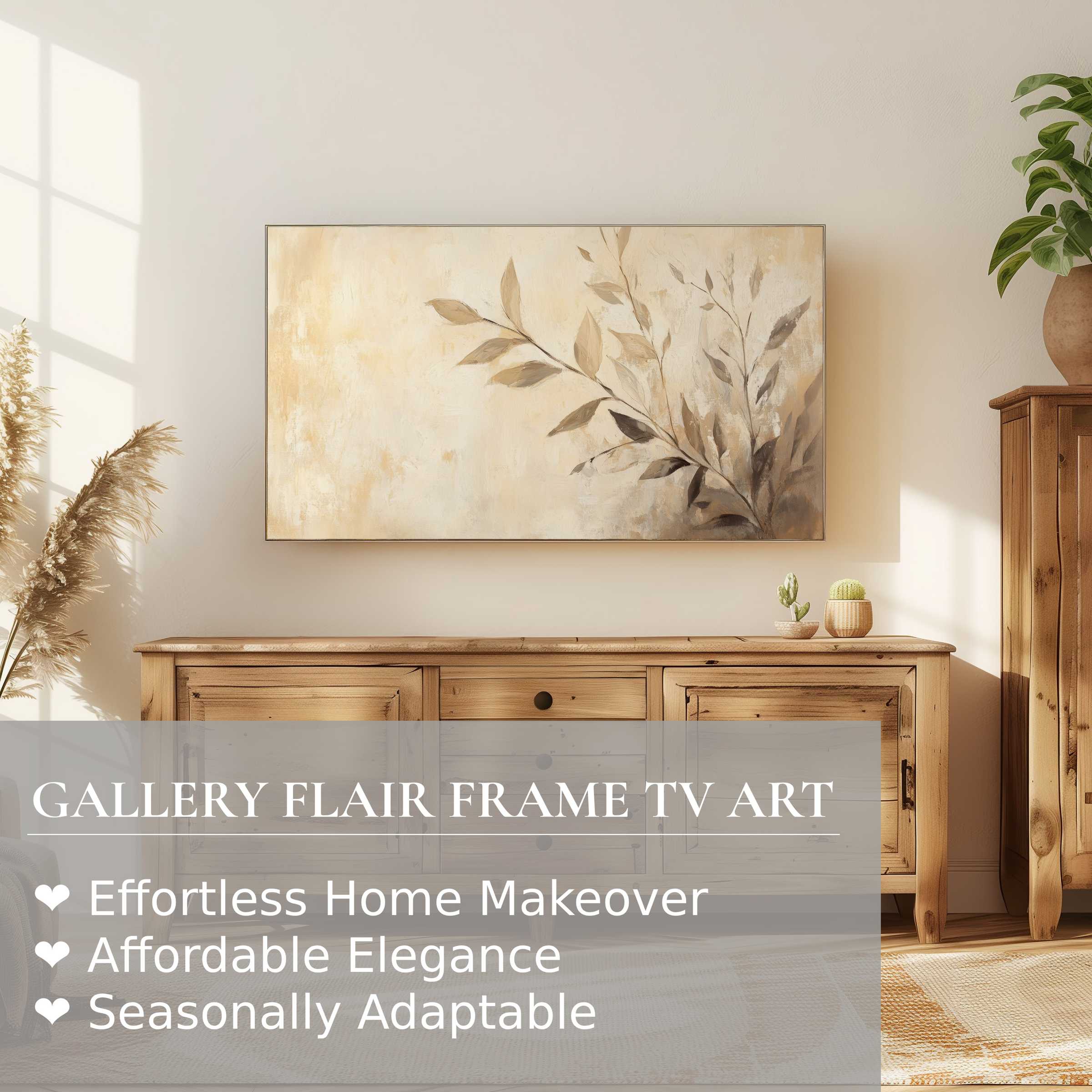 Samsung Frame TV displays a subtle botanical digital artwork in a warm, minimalist, sunlit living room setting