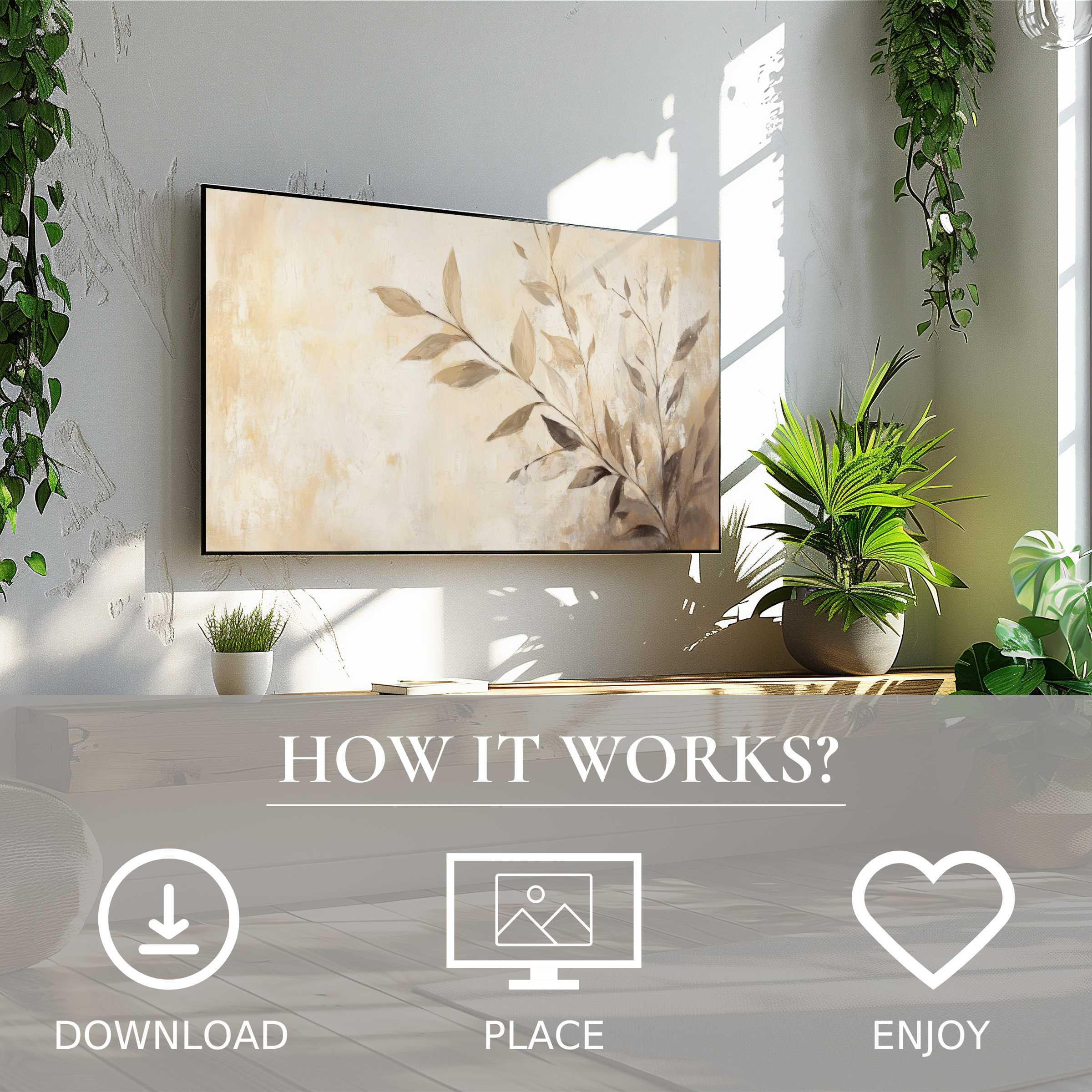 Botanical art for Samsung TV with soft neutral leaf motif, easy digital download enhances modern living spaces