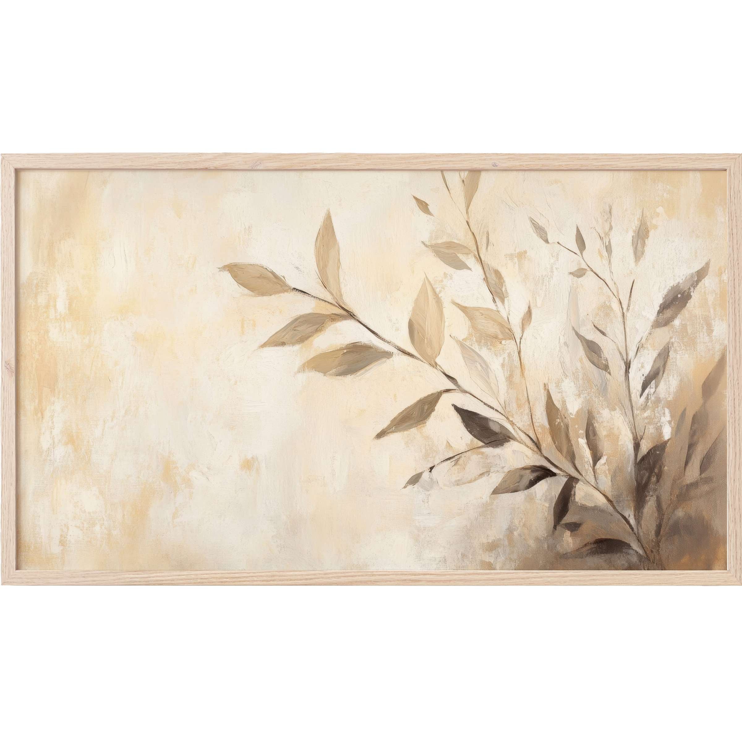 Subtle botanical Frame TV Art featuring elegant beige and brown leaves on a soft textured cream background