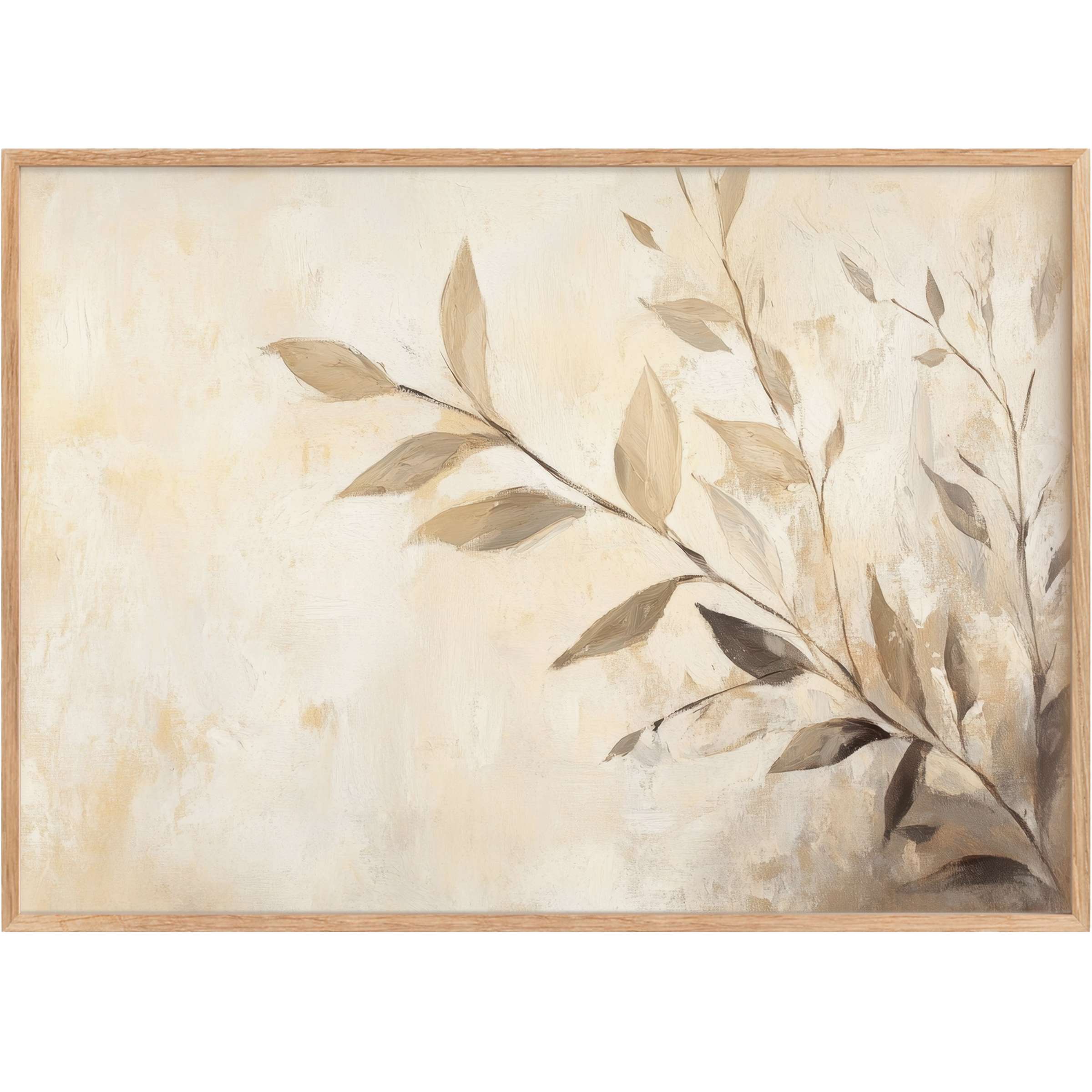 Botanical printable wall art with soft beige and taupe leaves, evoking a calming, elegant ambiance for refined interiors