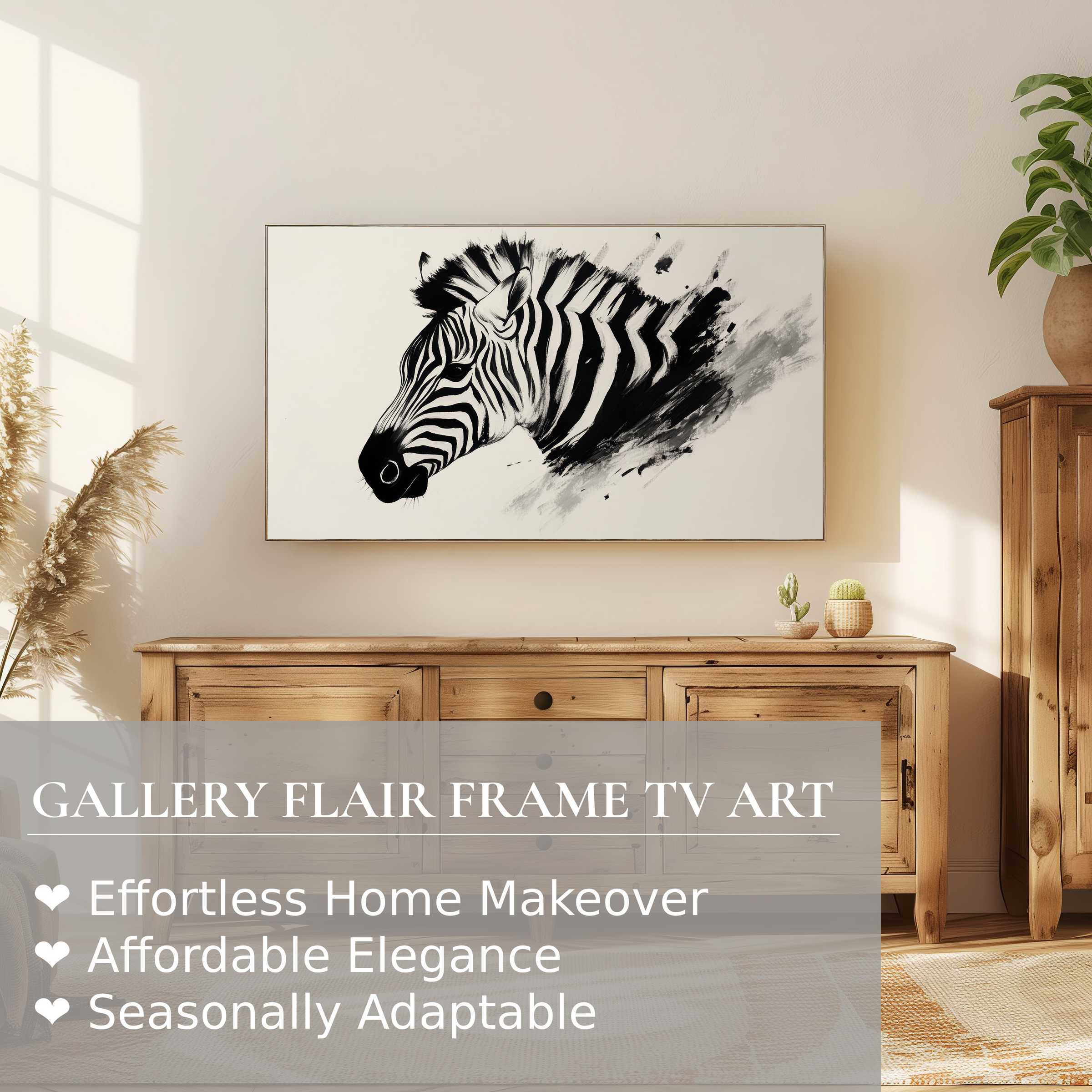 Modern living room with Samsung Frame TV displaying black and white digital artwork of a zebra, perfect for refined decor