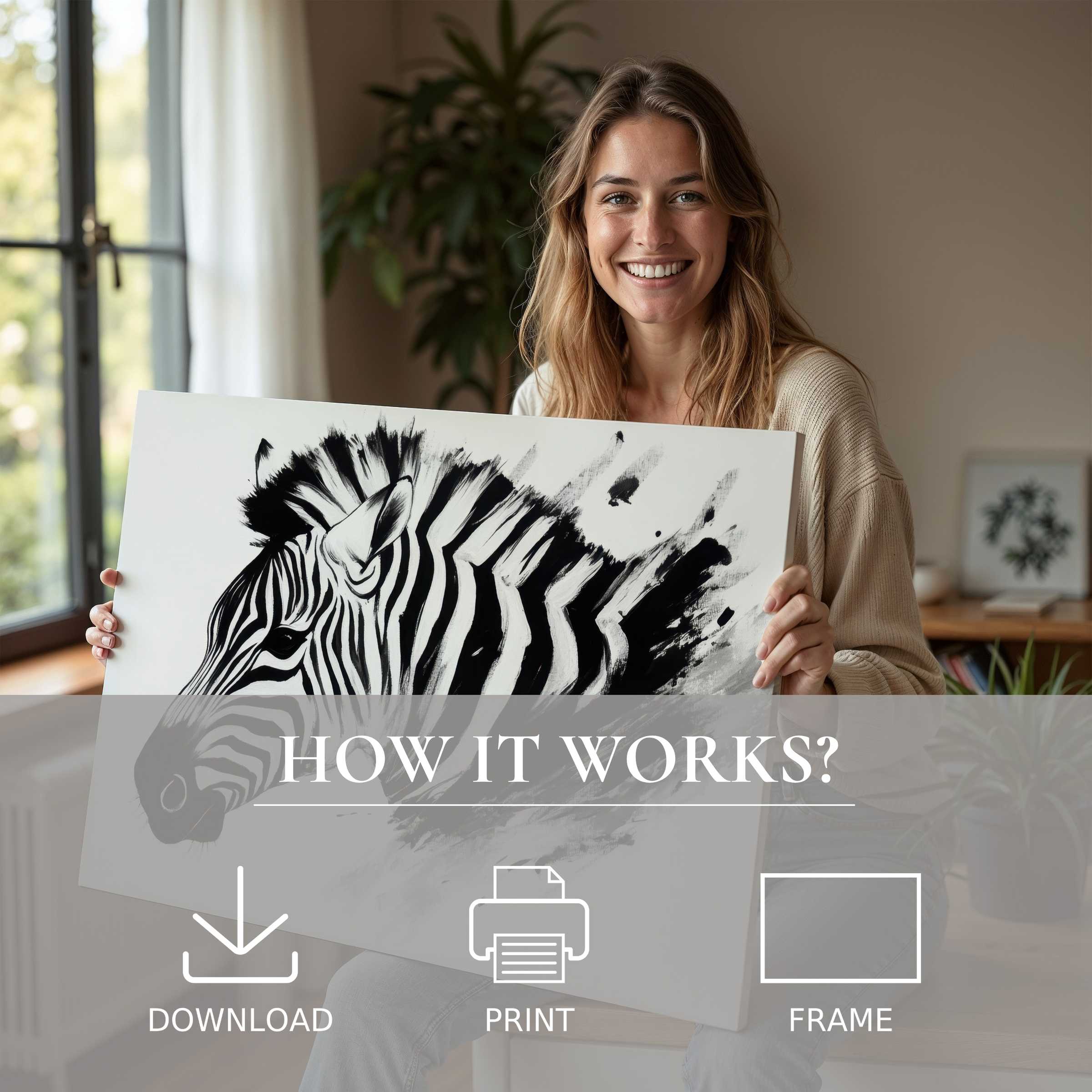 Woman in a serene, modern home joyfully showcasing a black and white digital art print of an abstract zebra, embodying elegance and effortless style