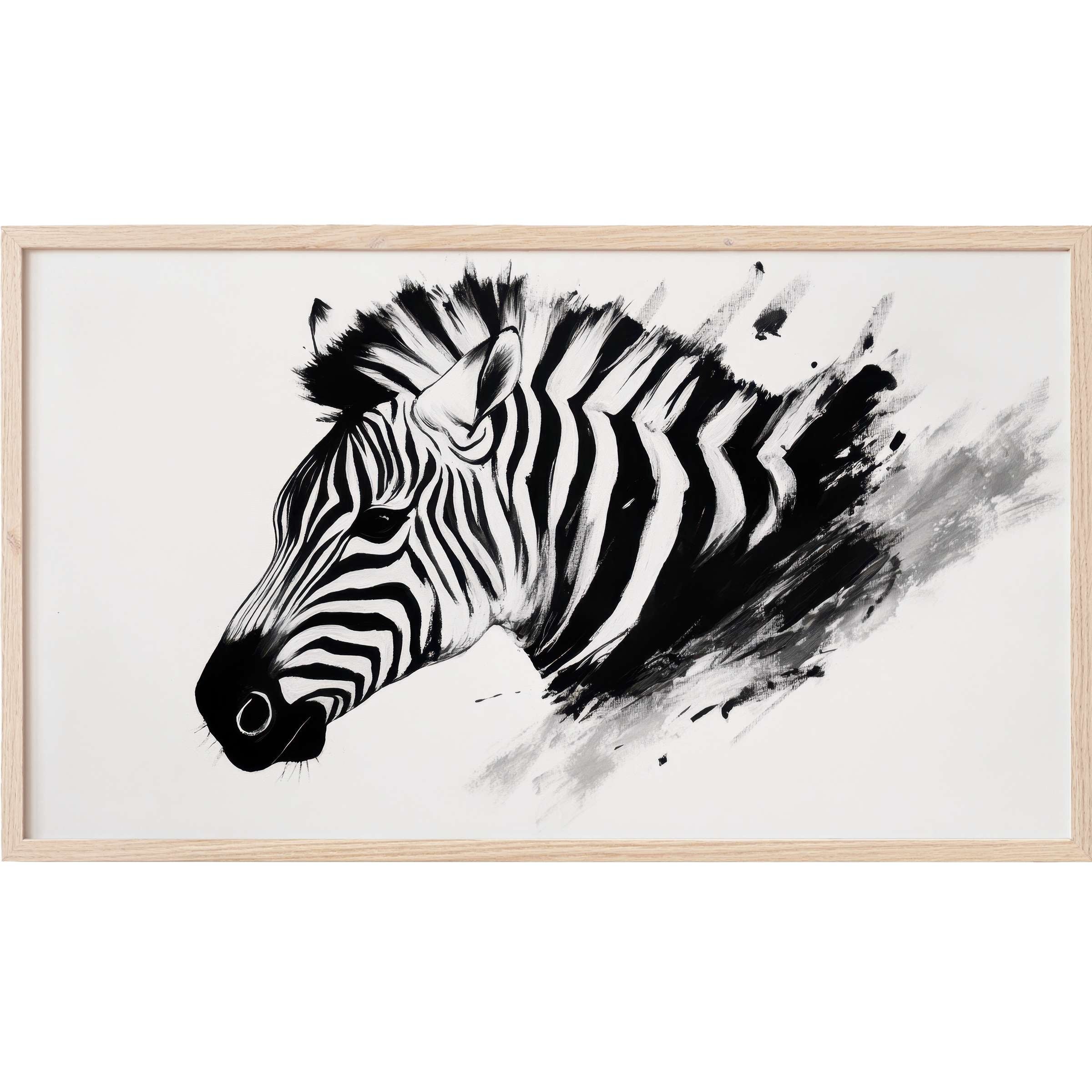 Elegant black and white Frame TV Art featuring a dynamic zebra portrait with bold brushstroke accents