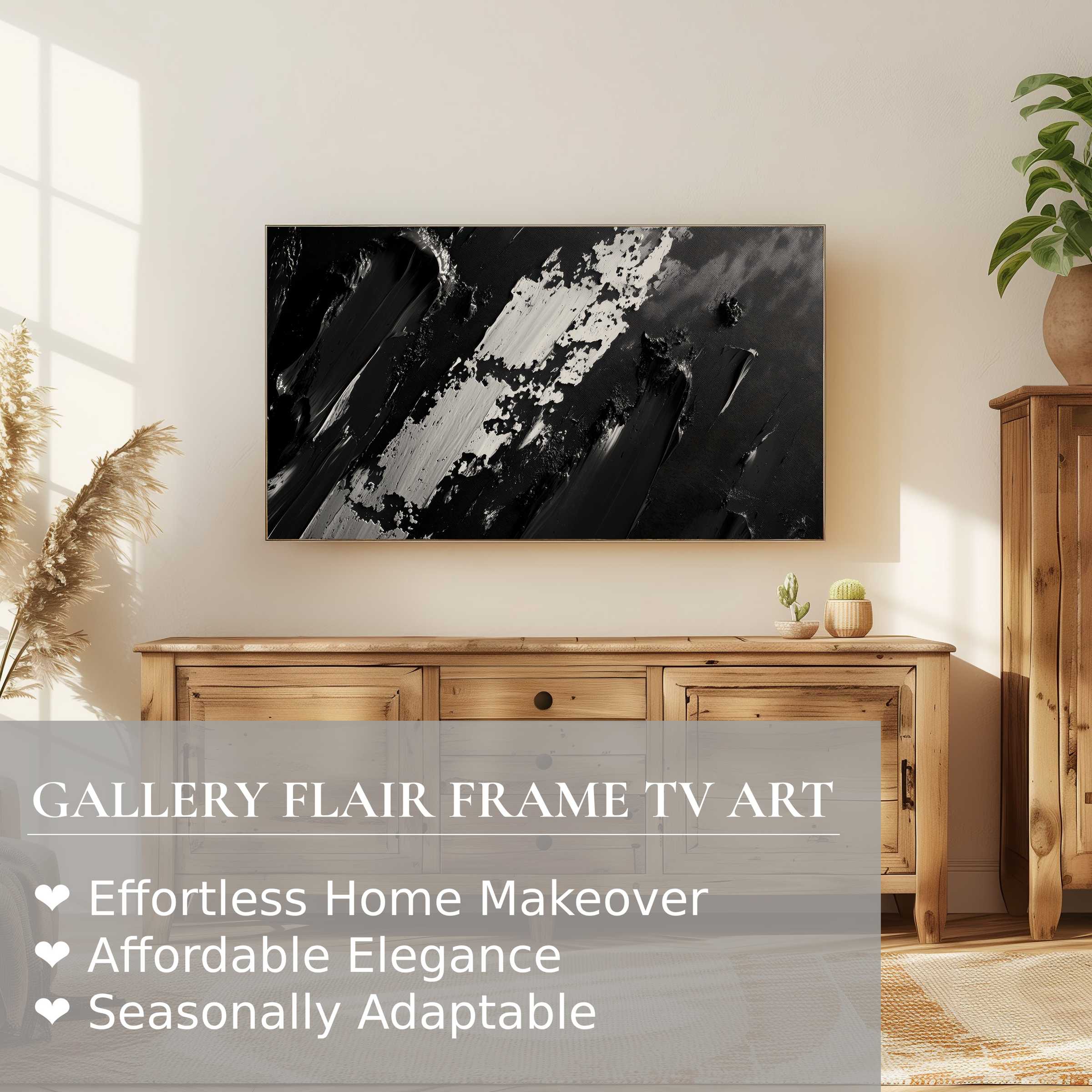 Samsung Frame TV displays abstract digital artwork in monochrome, enhancing modern, elegant wood-accented living spaces