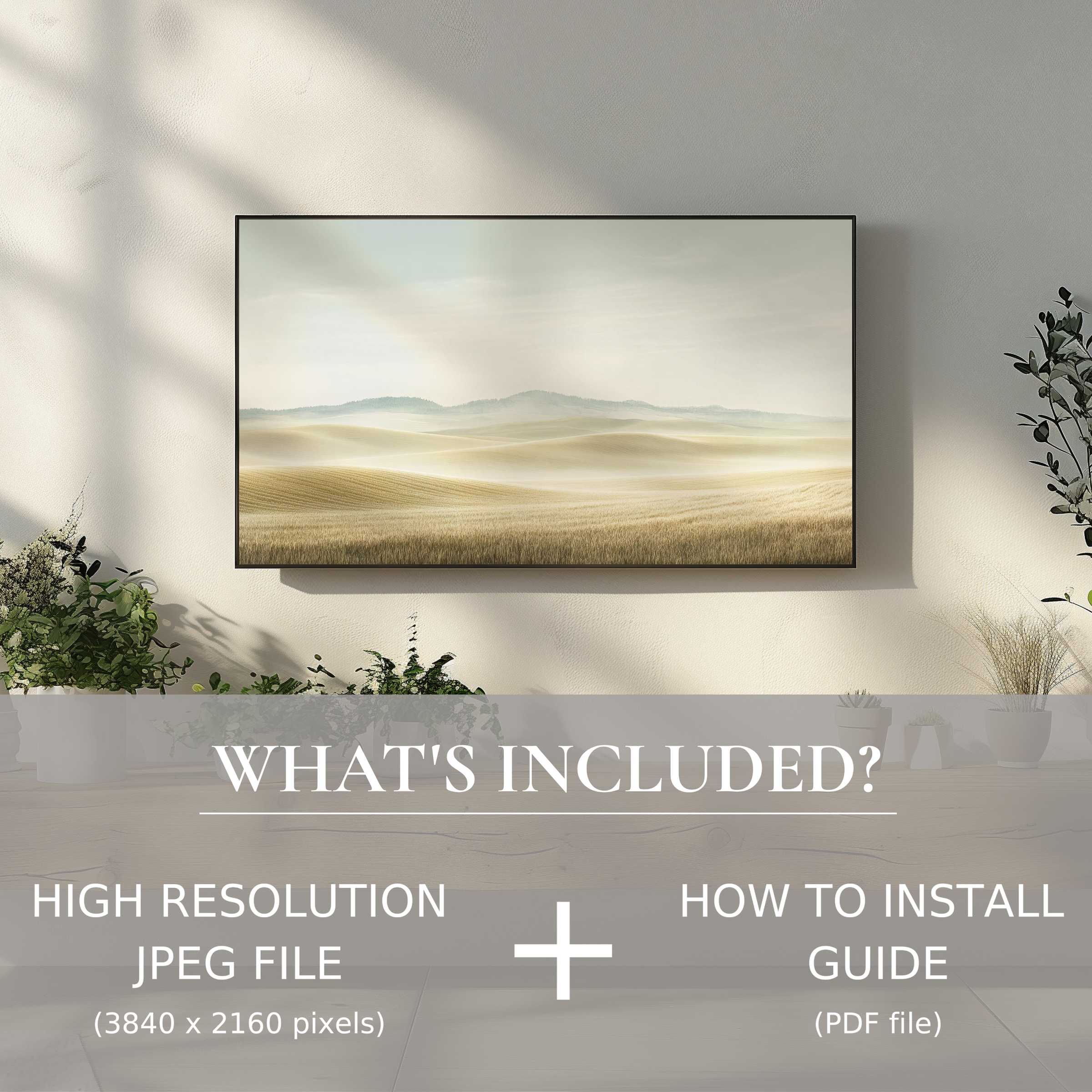 Elegant neutral digital TV art download for easy digital use, enhancing your modern living space with serene landscapes