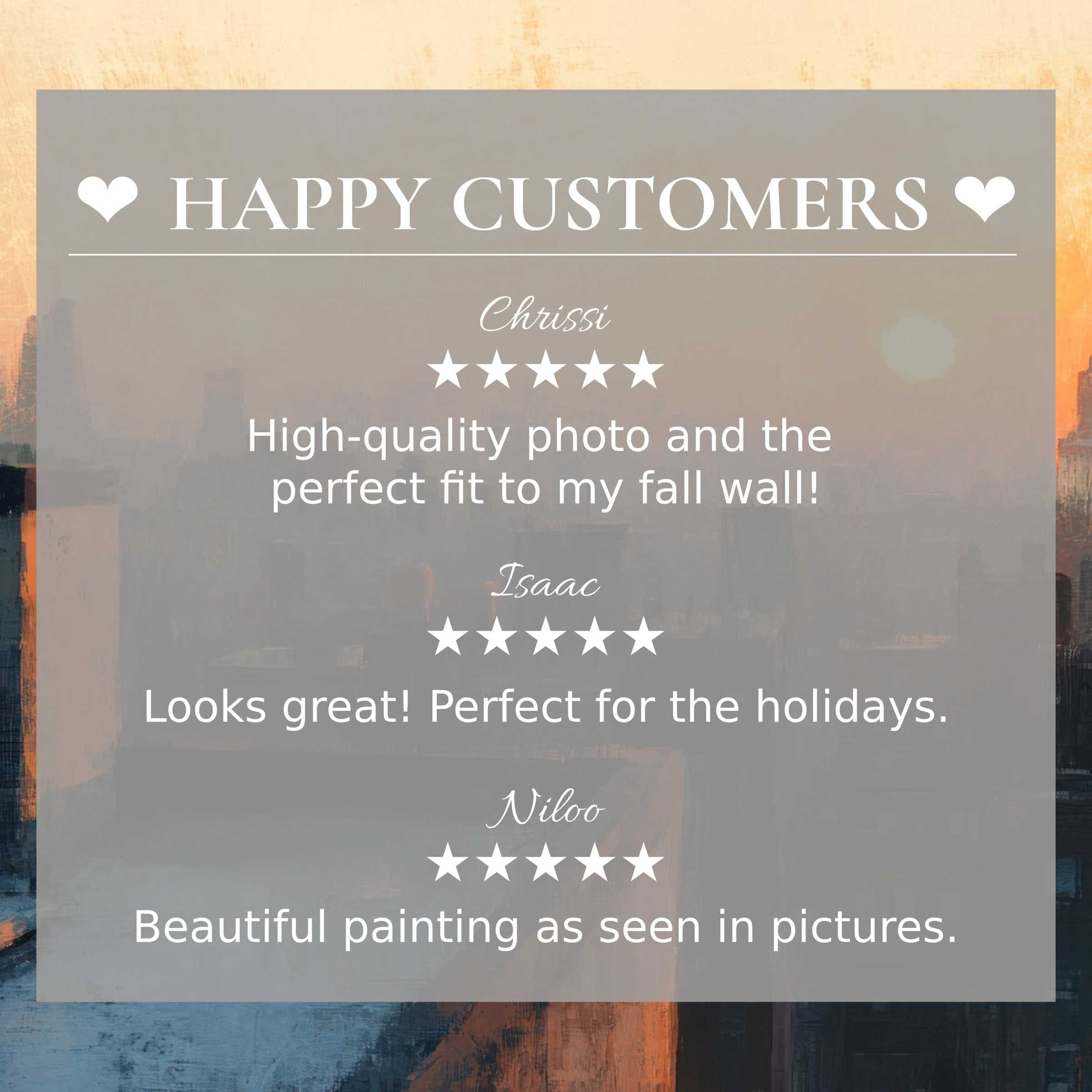 Urban art for Frame TV with abstract sunset hues, showcasing happy customer reviews and elegant, trusted design