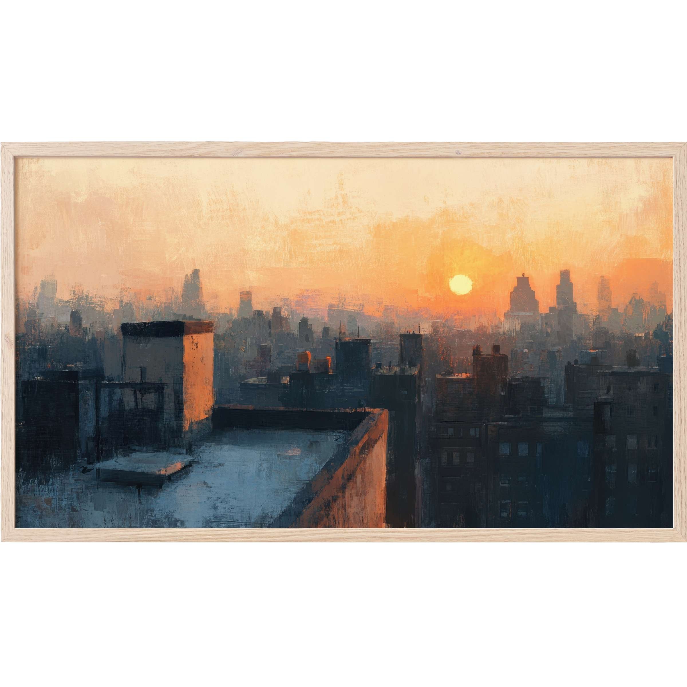 Urban Frame TV Art depicting a moody cityscape at sunset with warm oranges and deep blues in textured brushstrokes