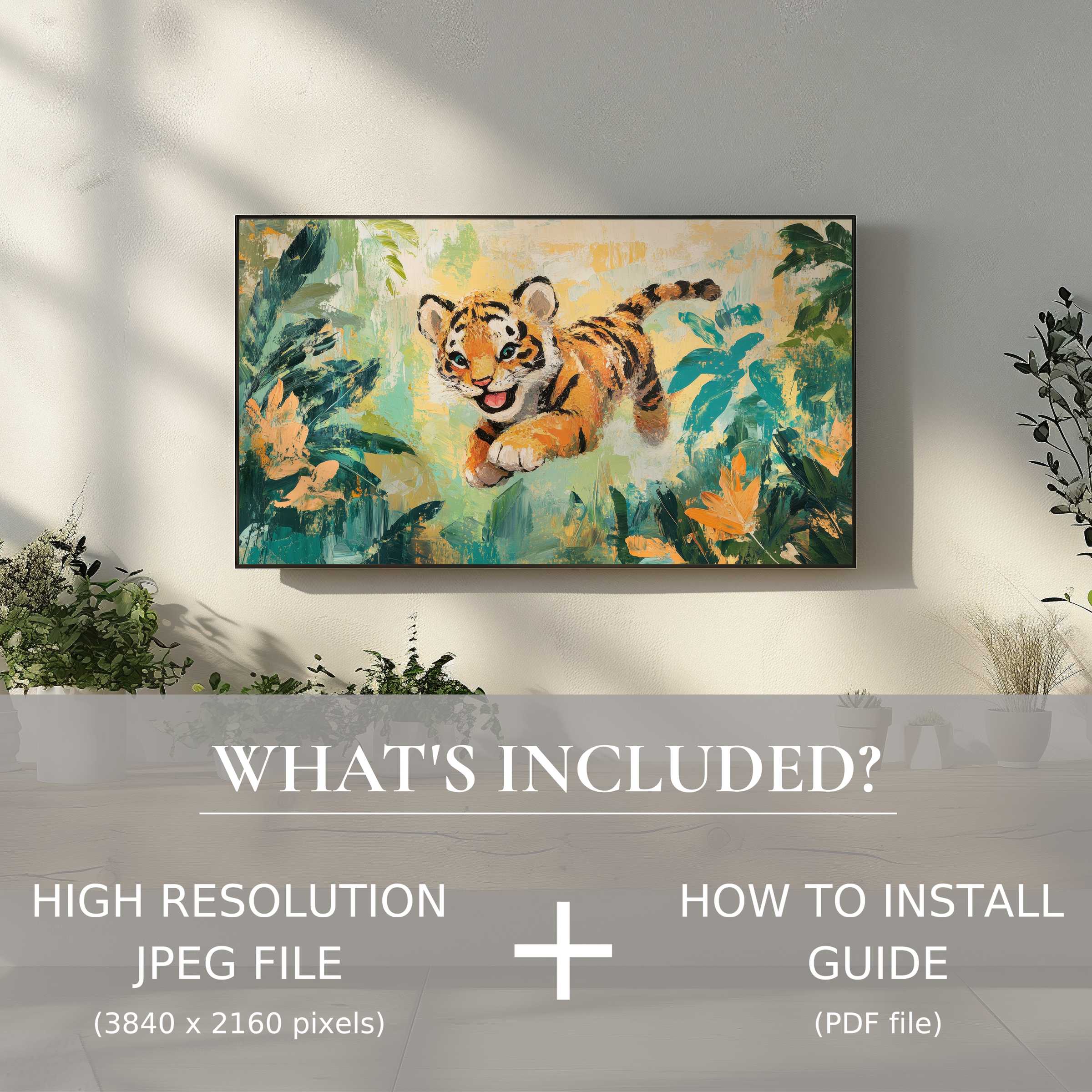 Bright nursery digital TV art download of playful tiger cub in lush greenery, easy use enhances stylish rooms