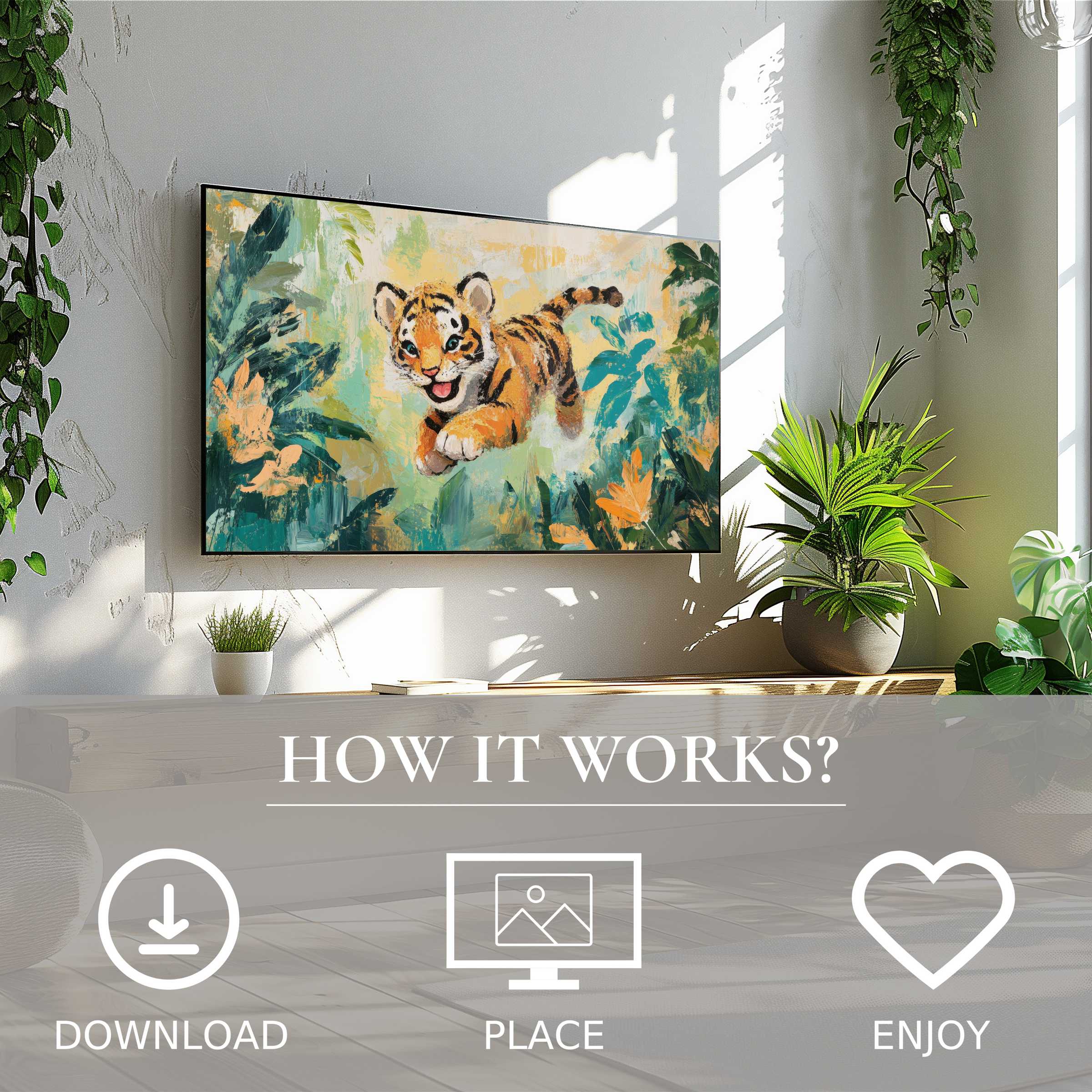 Nursery art for Samsung TV: playful tiger motif in warm tones, easy digital download enriches modern nursery spaces