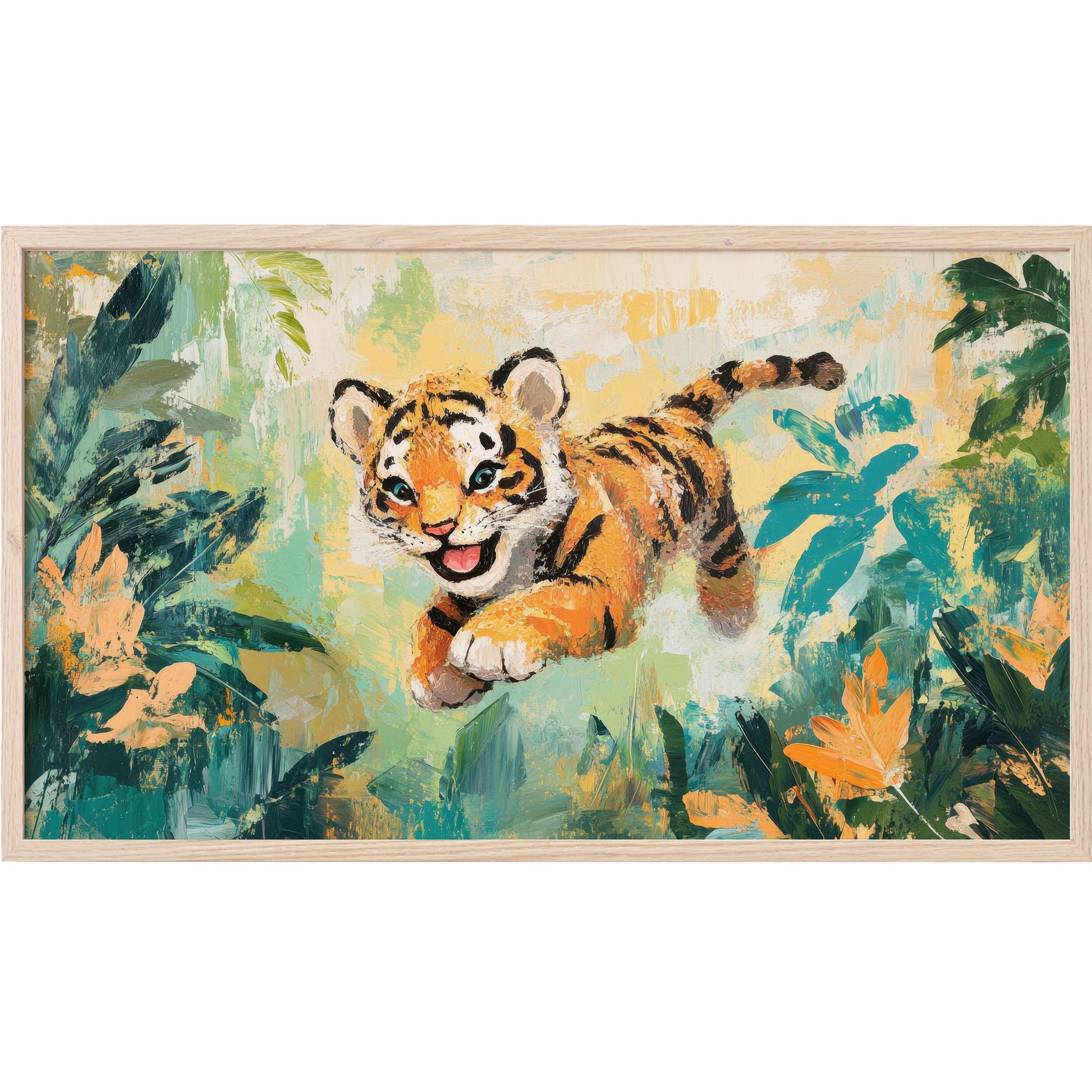 Nursery Frame TV Art featuring a joyful tiger cub in vivid orange and lush green tones with a painterly style