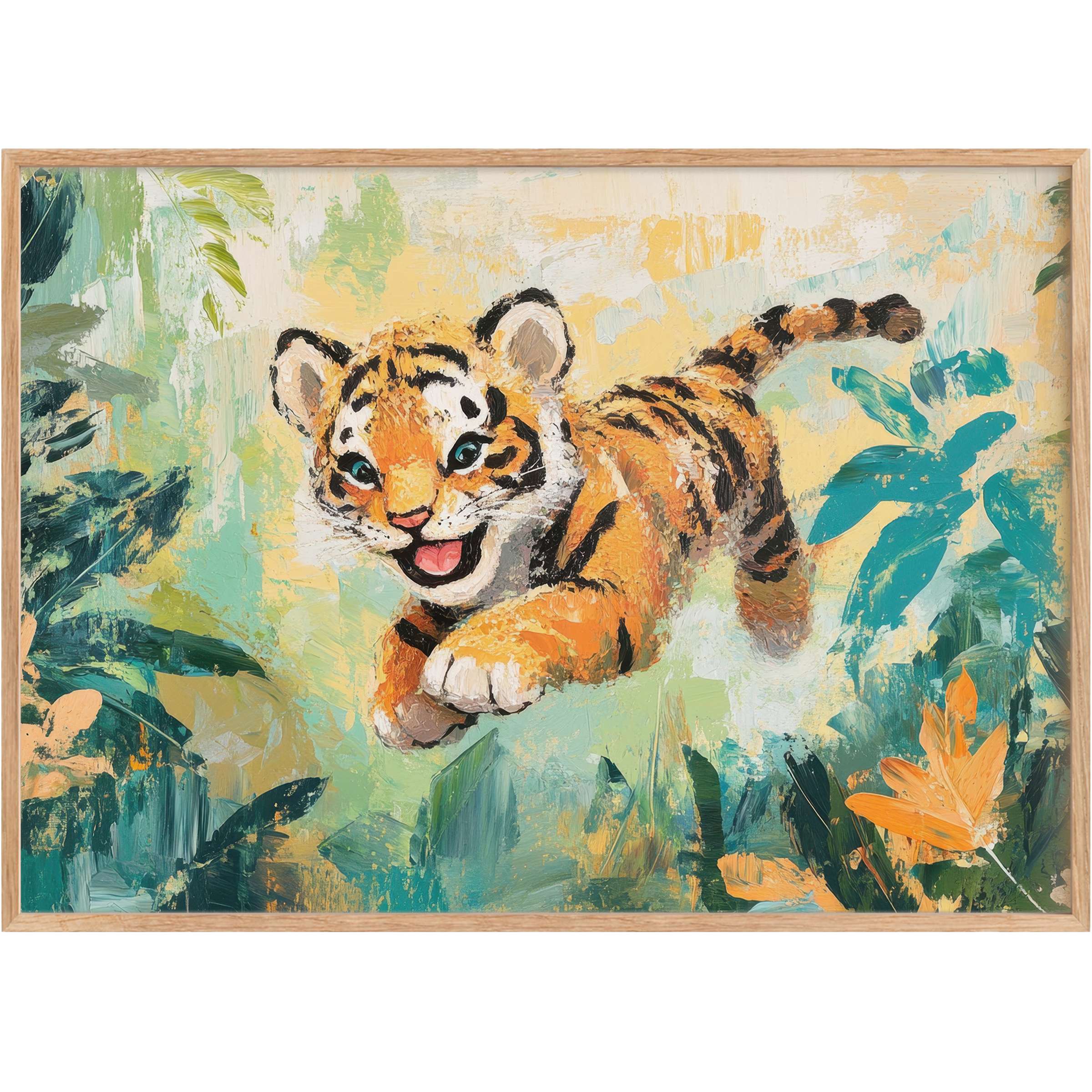 Playful and radiant nursery printable wall art featuring a joyful tiger cub in vibrant orange and teal tones, evoking warmth and wonder
