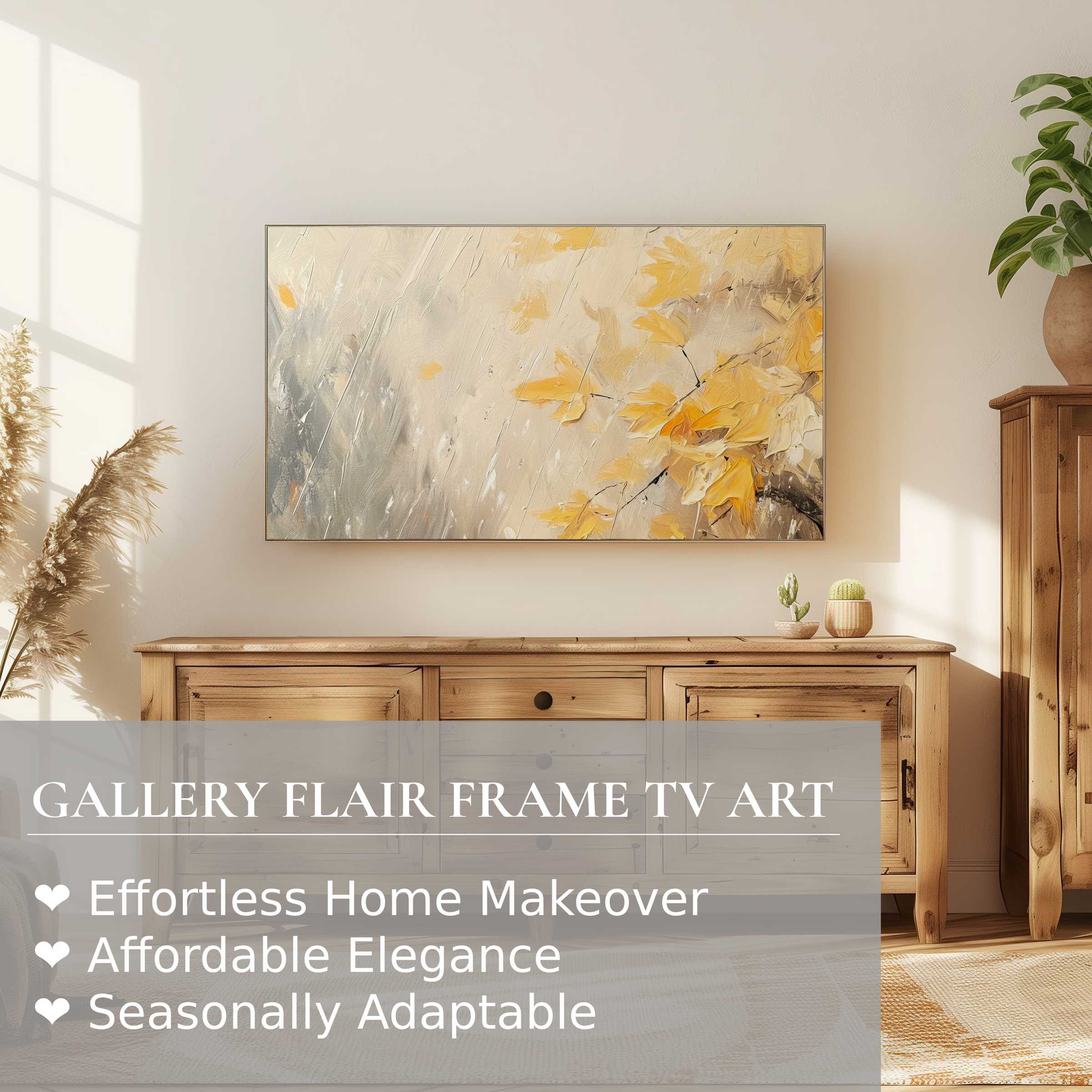 Samsung Frame TV displays elegant tree digital artwork with soft autumn hues in a modern, warm living space