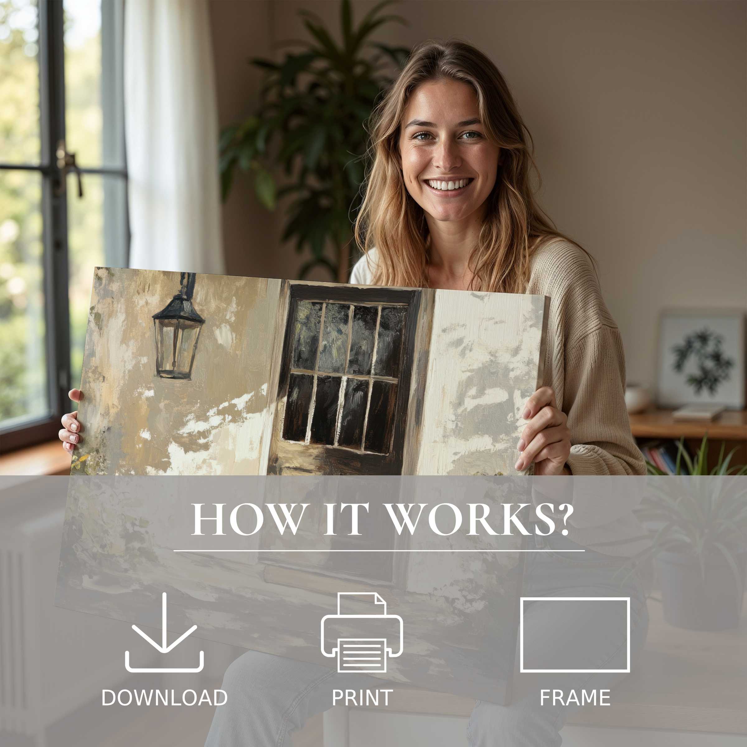 Radiant joy in a modern home, showcasing a farmhouse digital art print that transforms space with effortless elegance