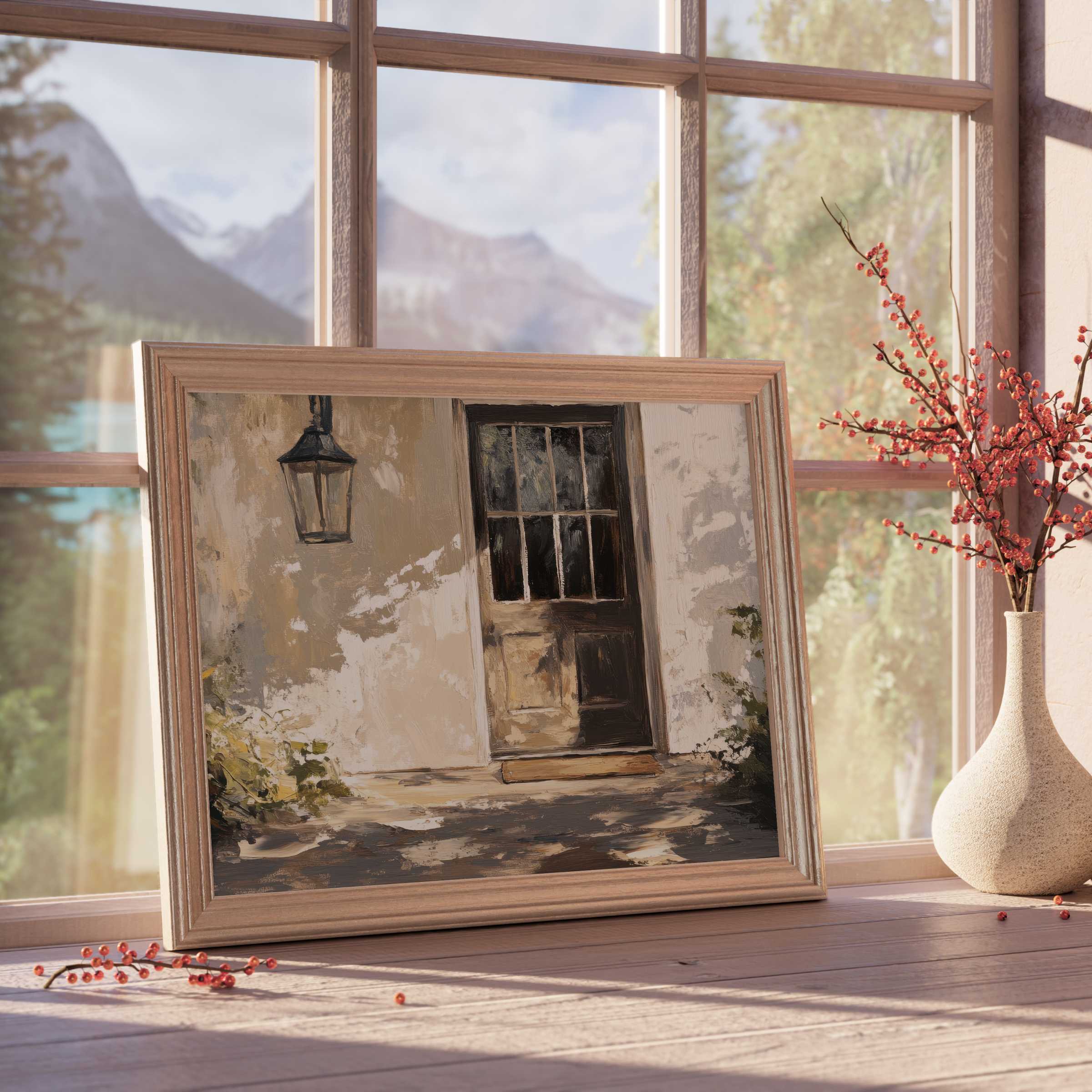 Timeless farmhouse downloadable art capturing rustic charm and warm light, perfect for curated, tranquil interiors with vintage accents