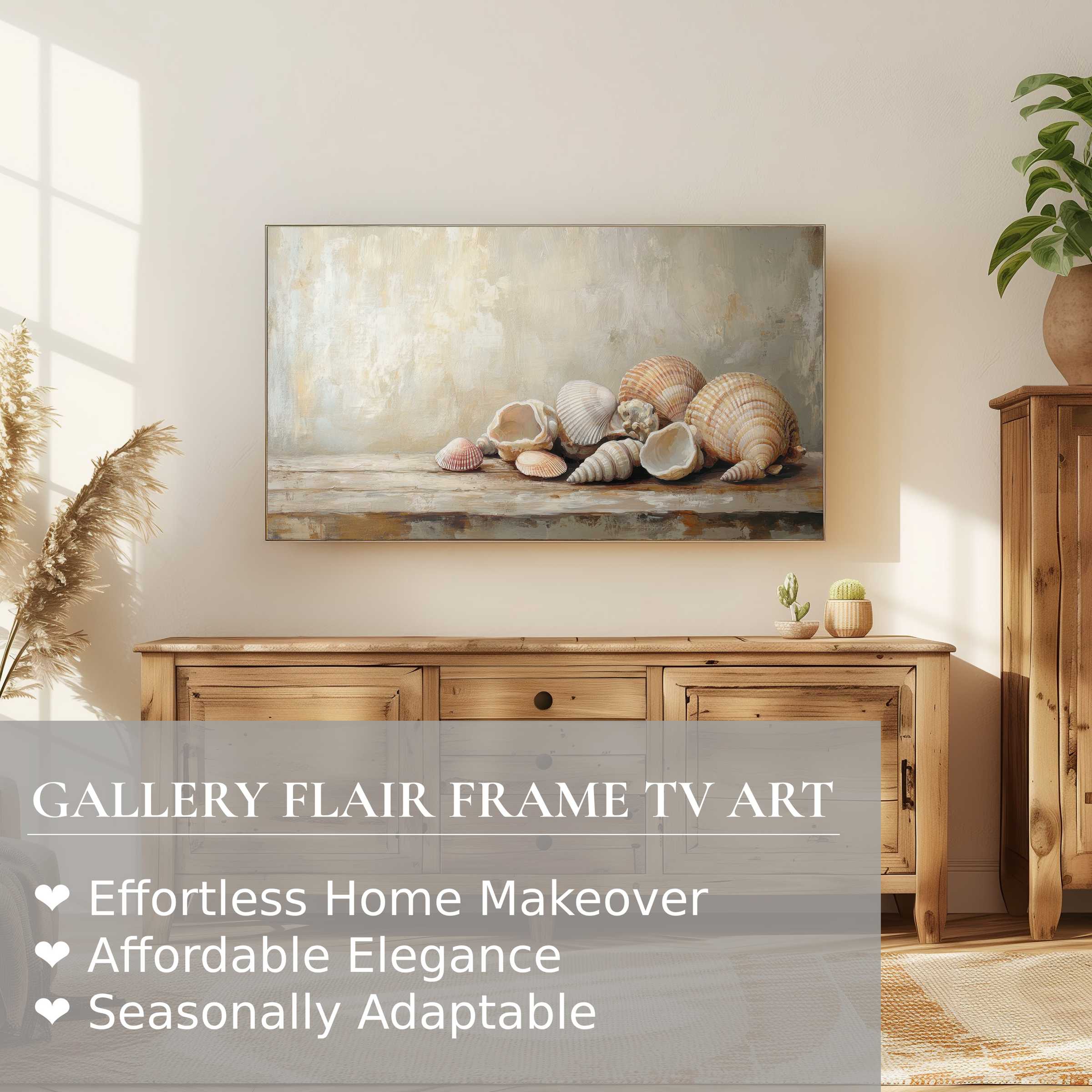 Samsung Frame TV displays coastal digital artwork of seashells in a warm, modern living room setting with natural wood tones