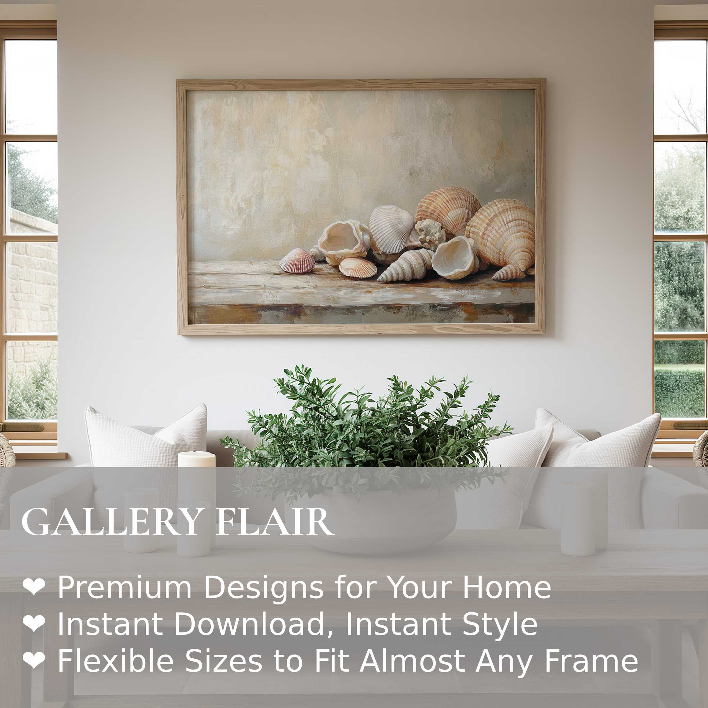 Coastal wall art print featuring serene seashells in soft neutrals, enhancing minimalist, modern interiors with calming, natural elegance