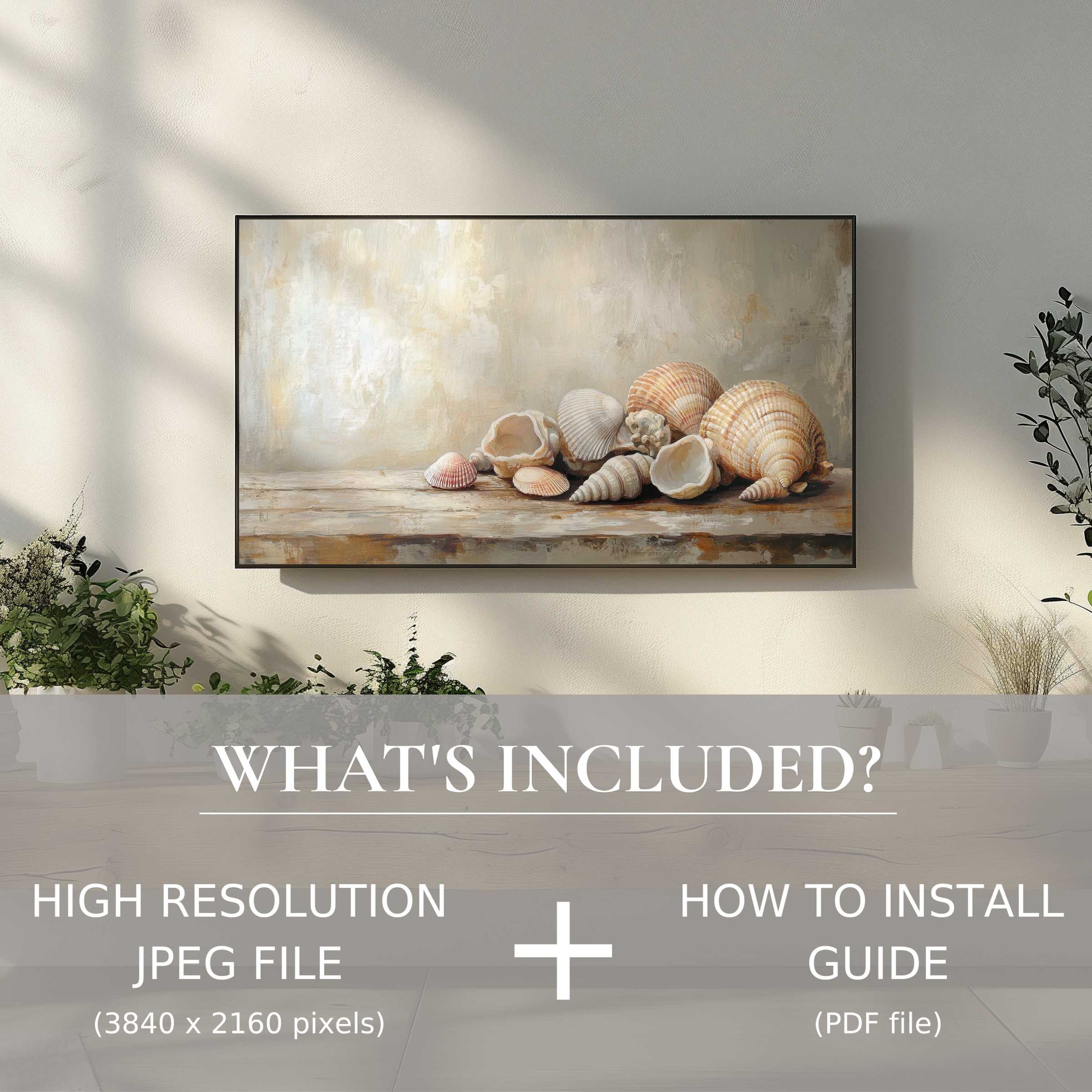 Elegant coastal digital TV art download showcasing seashells, easily enhancing living spaces with simple digital use