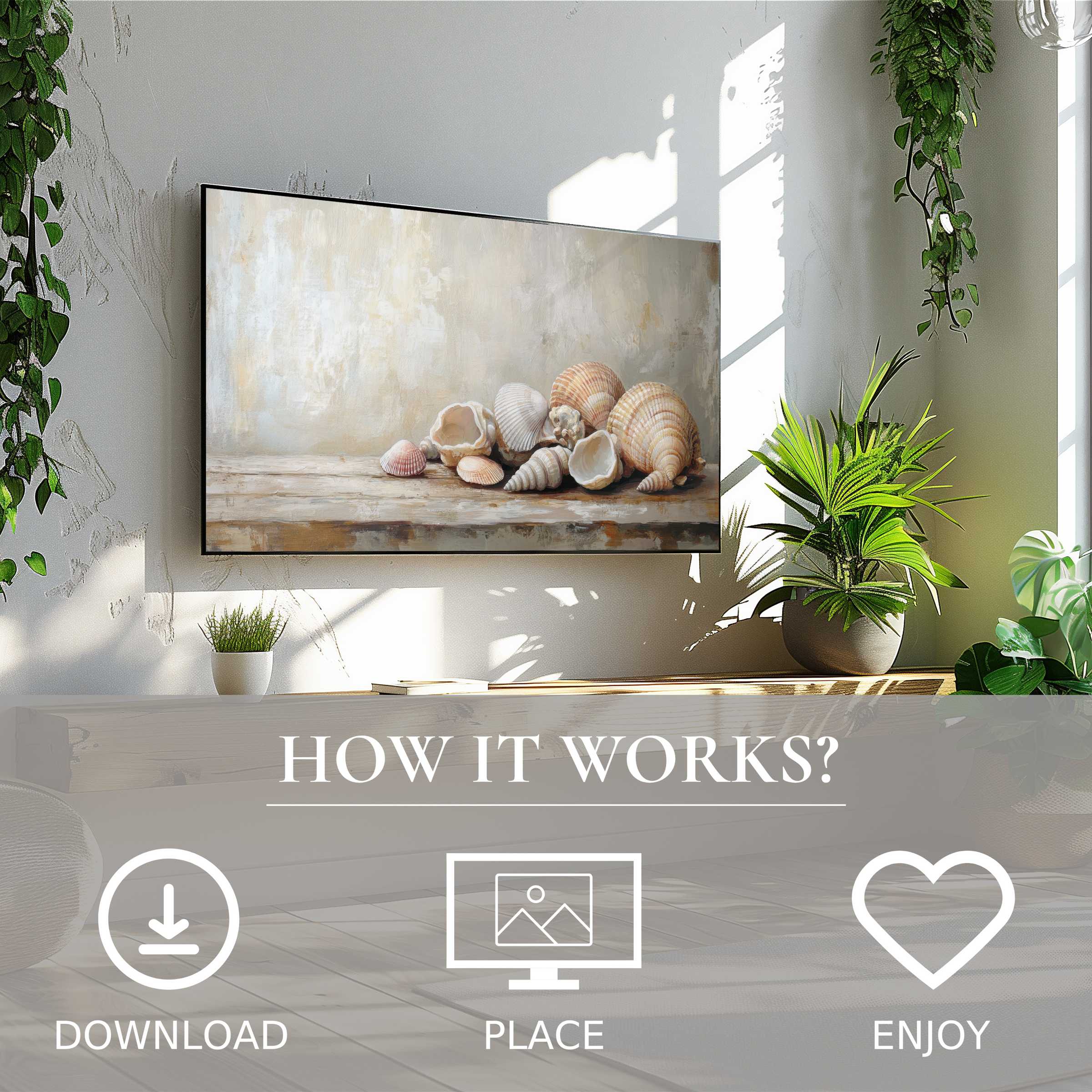 Coastal art for Samsung TV: digital download with soft sandy shell tones enriches bright, greenery-filled living spaces