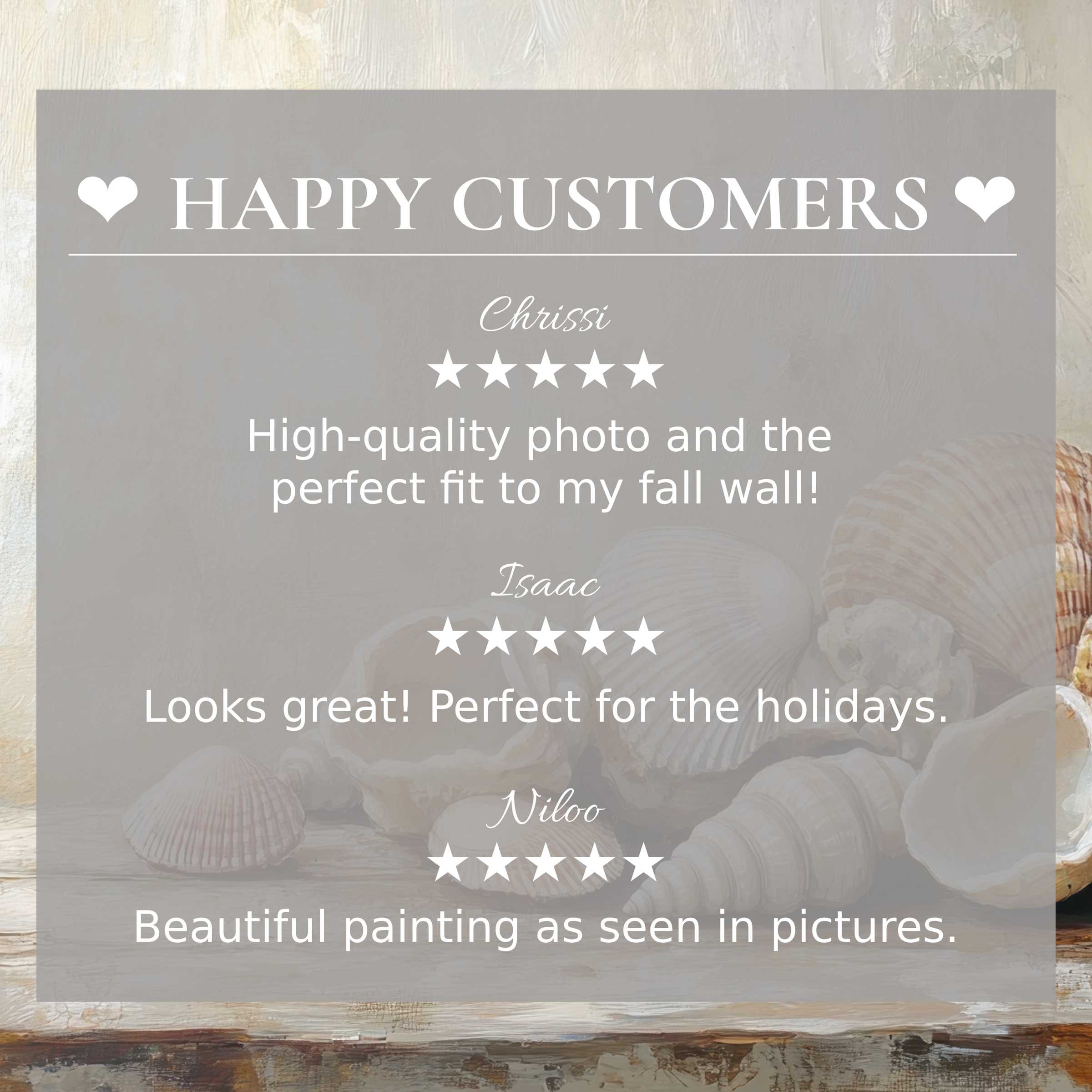 Coastal art for Frame TV with soft shell background, showcasing happy customer reviews in an elegant, trust-building layout