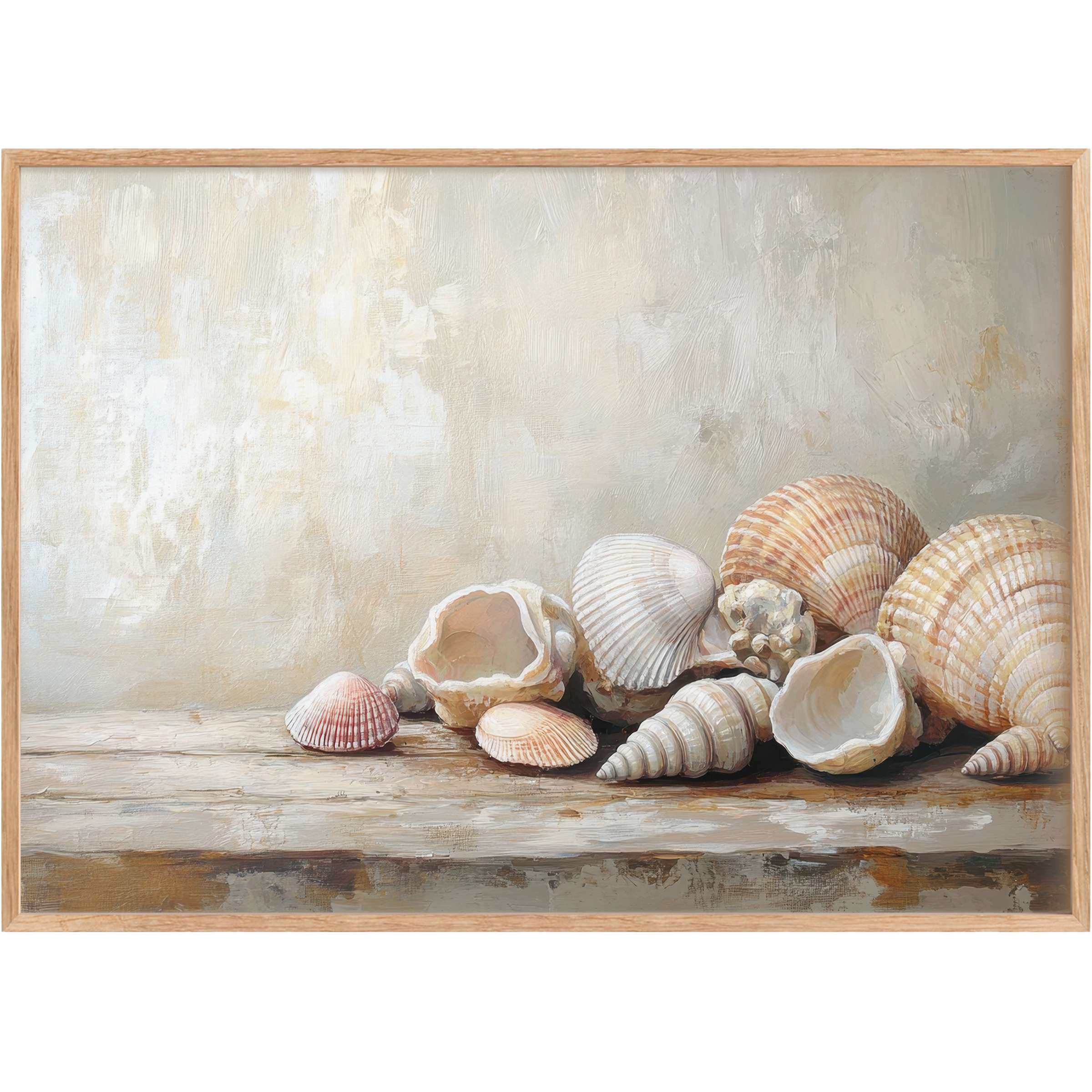Coastal printable wall art featuring softly lit seashells in warm beige and cream tones, evoking serene seaside elegance