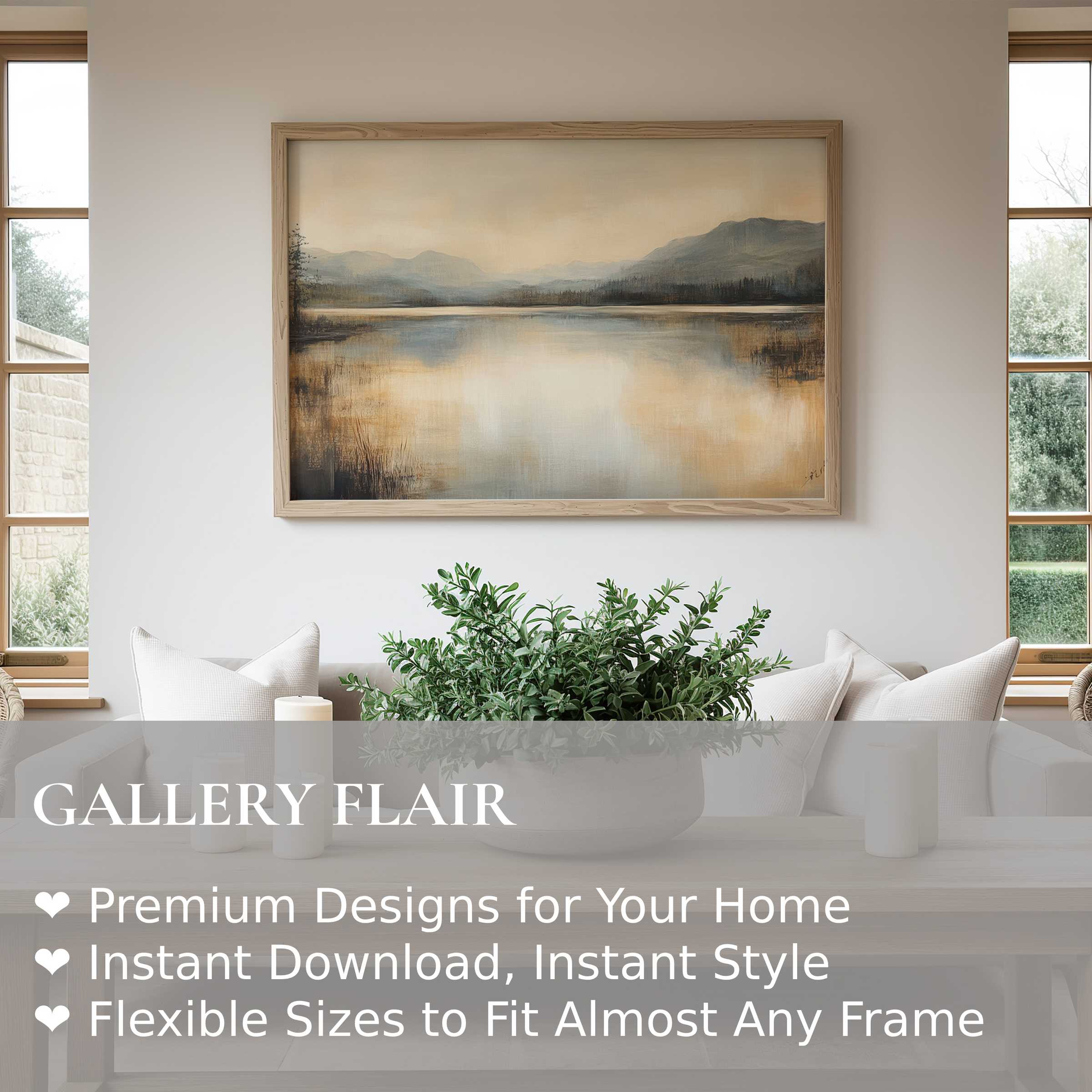 Vintage wall art print showcasing a serene lakeside landscape in soft, muted tones elevates this modern minimalist living space with timeless tranquility