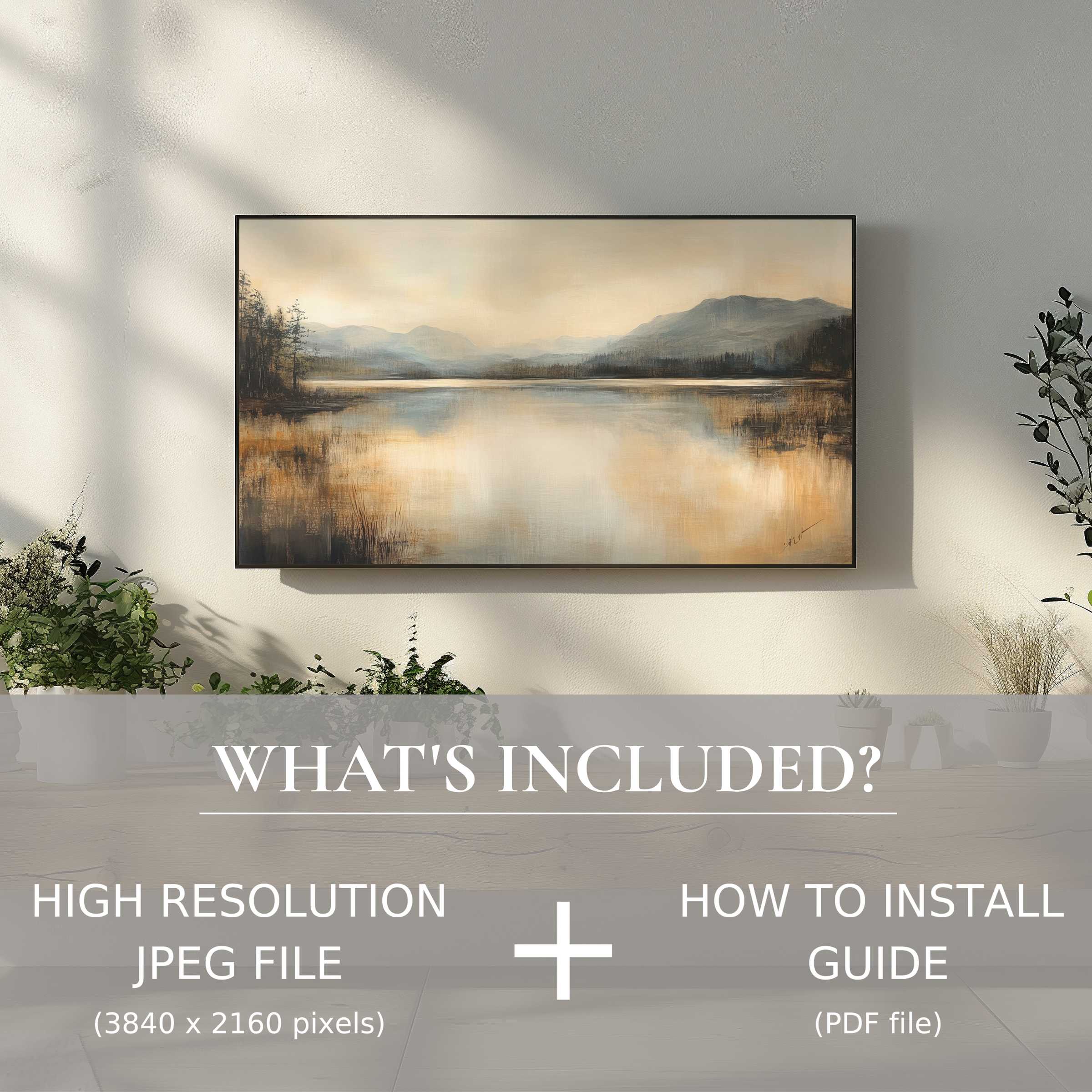Vintage digital TV art download enhances serene living spaces with easy digital use and elegant landscape charm