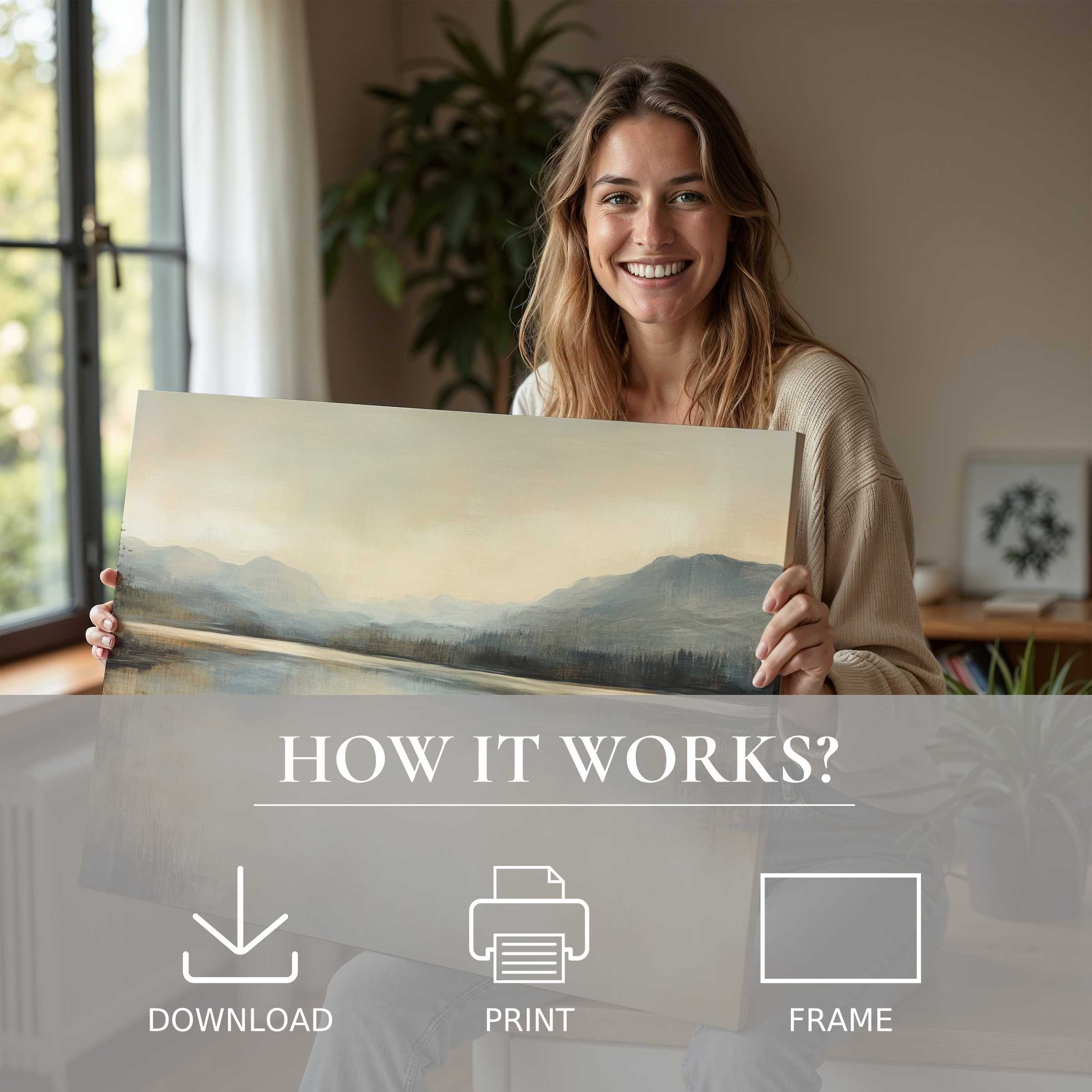 Radiant woman in a stylish home embraces the warmth of a vintage digital art print, evoking serene moments and effortless beauty