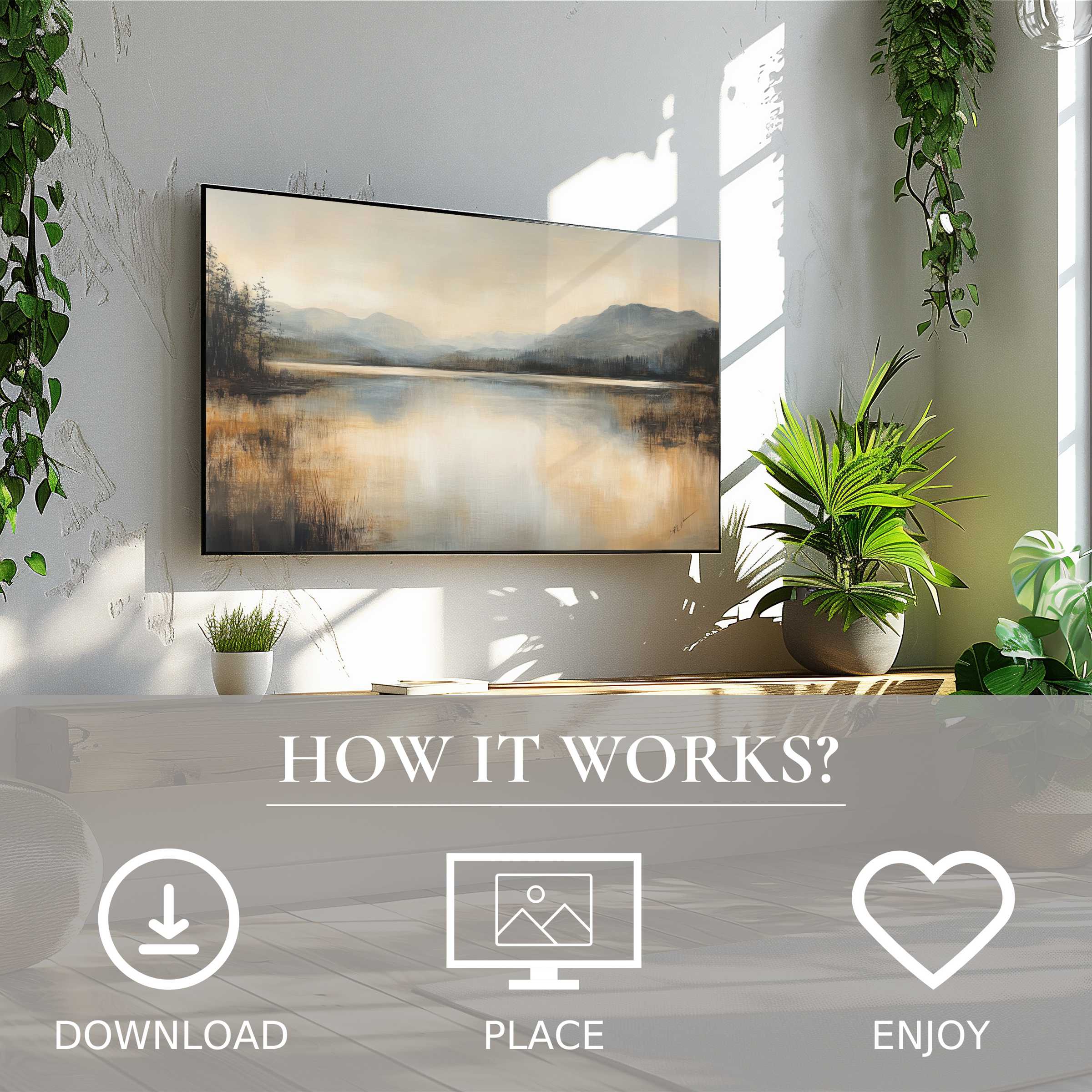 Vintage art for Samsung TV shows soft sunset tones; easy digital download enriches living space with calm landscape motif