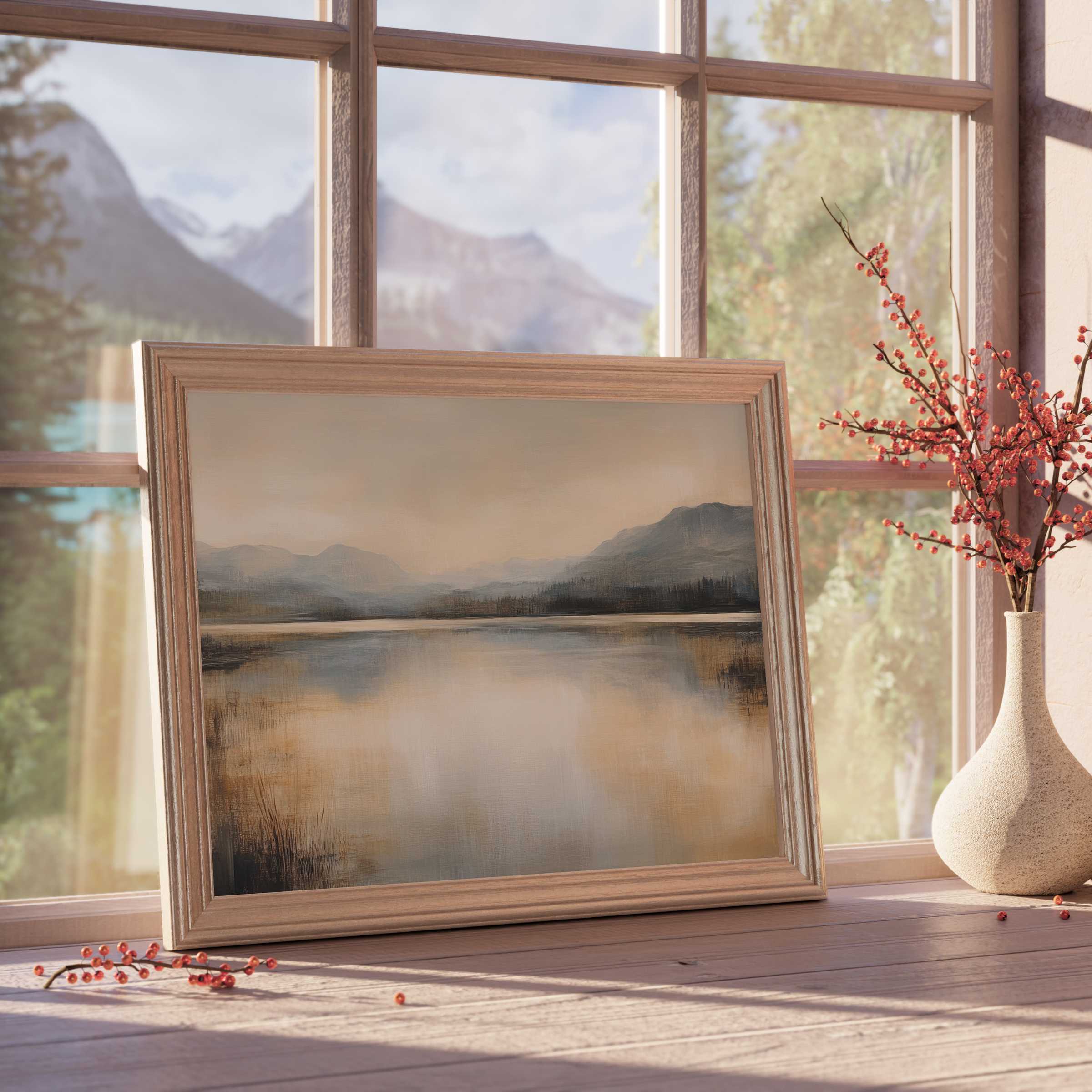 Vintage downloadable art evokes serene lakeside mornings with soft earth tones and misty mountain layers, perfect for calm, curated interiors