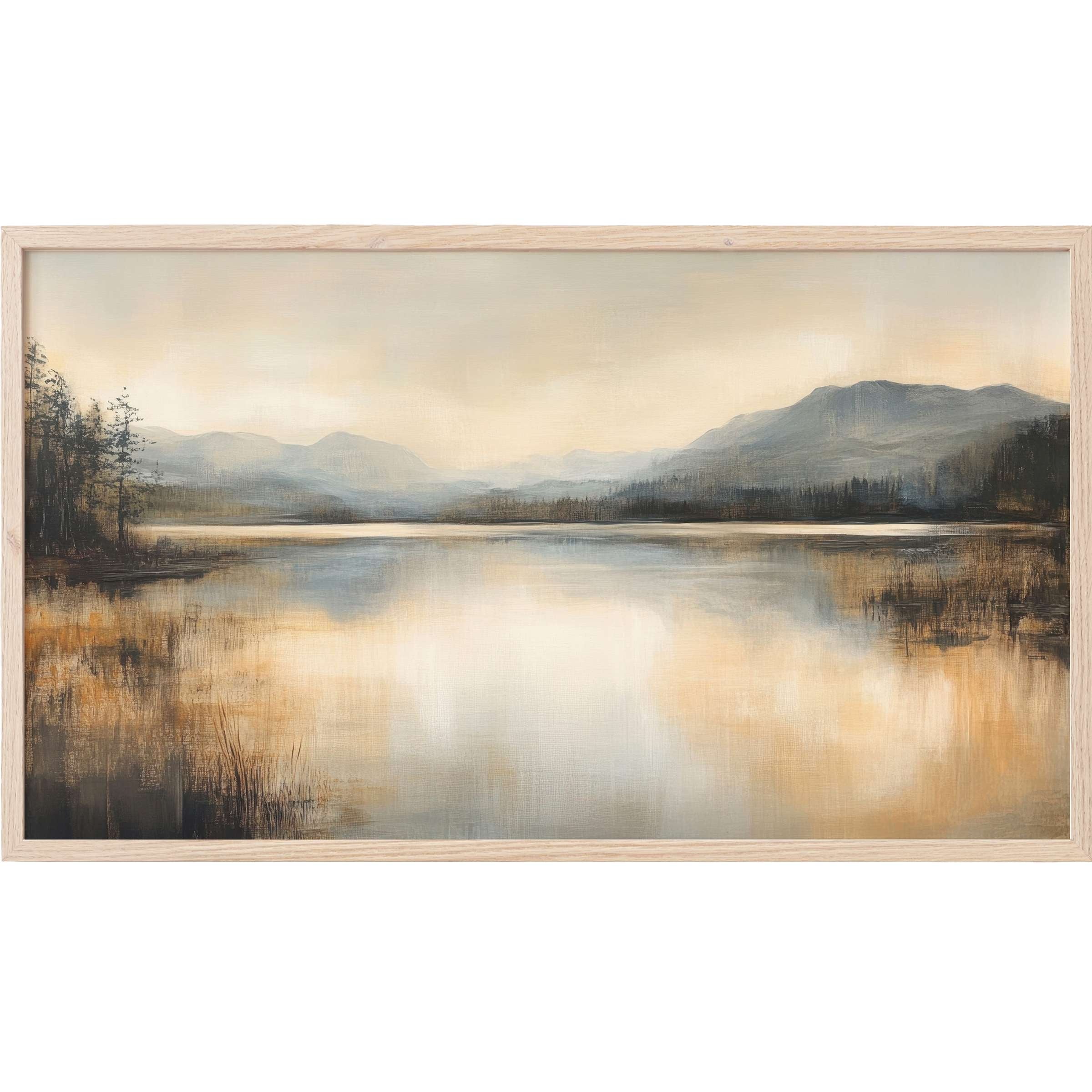 Serene misty lake landscape in soft blues and warm neutrals, framed elegantly as vintage Frame TV Art