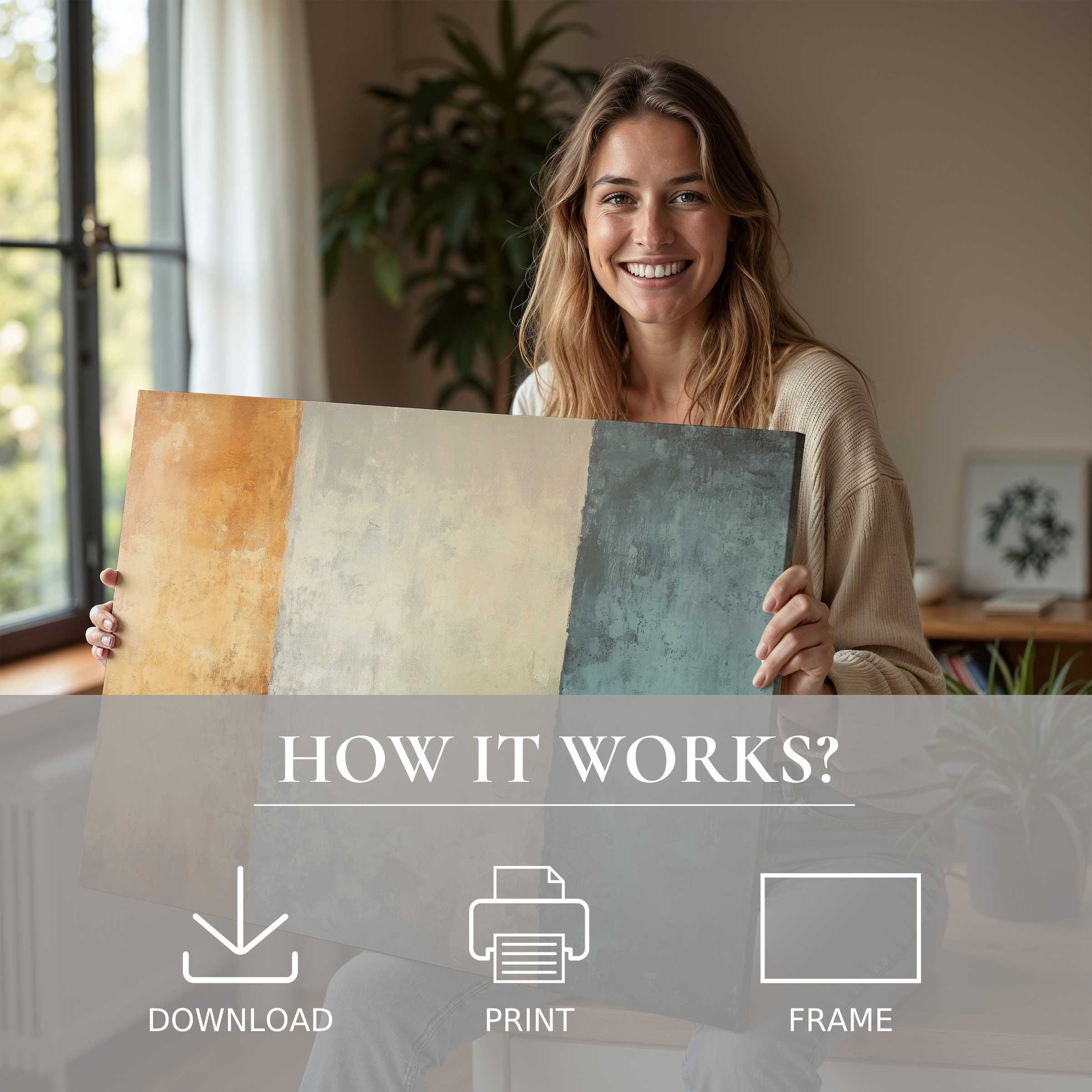 Radiant woman in a stylish home reveals a modern digital art print, embodying joy and the effortless beauty of living with art