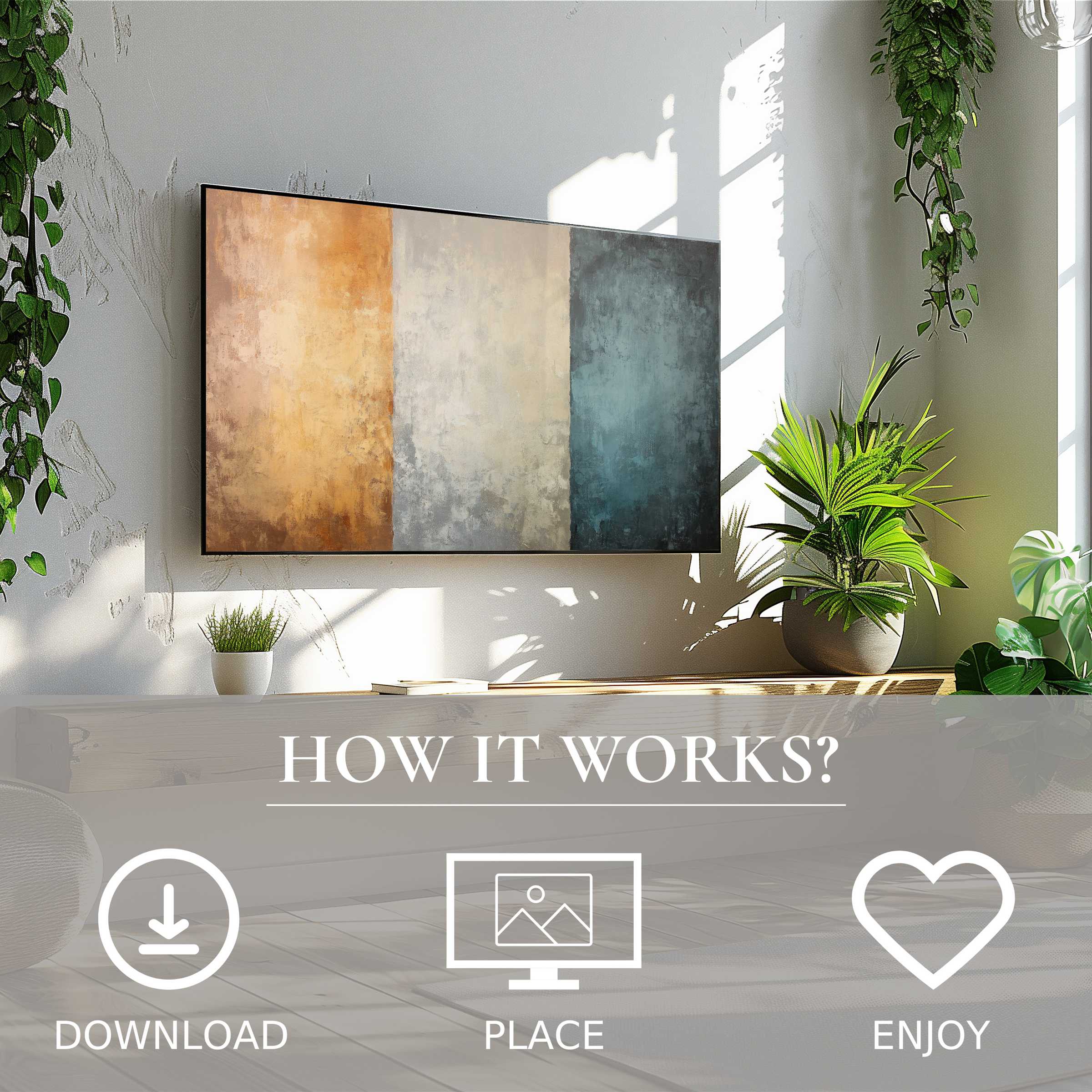 Modern art for Samsung TV in bright room with green plants, easy digital download, tones of warm and cool color flow